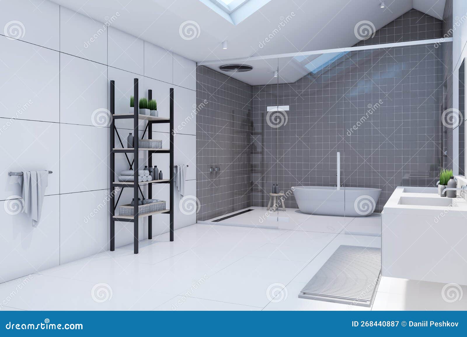 Vista Panorámica Sobre El Cuarto De Baño Negro Estante En El Suelo  Brillante Claro En Un Elegante Cuarto De Baño Con Fondo De Pare Stock de  ilustración - Ilustración de sitio, muebles