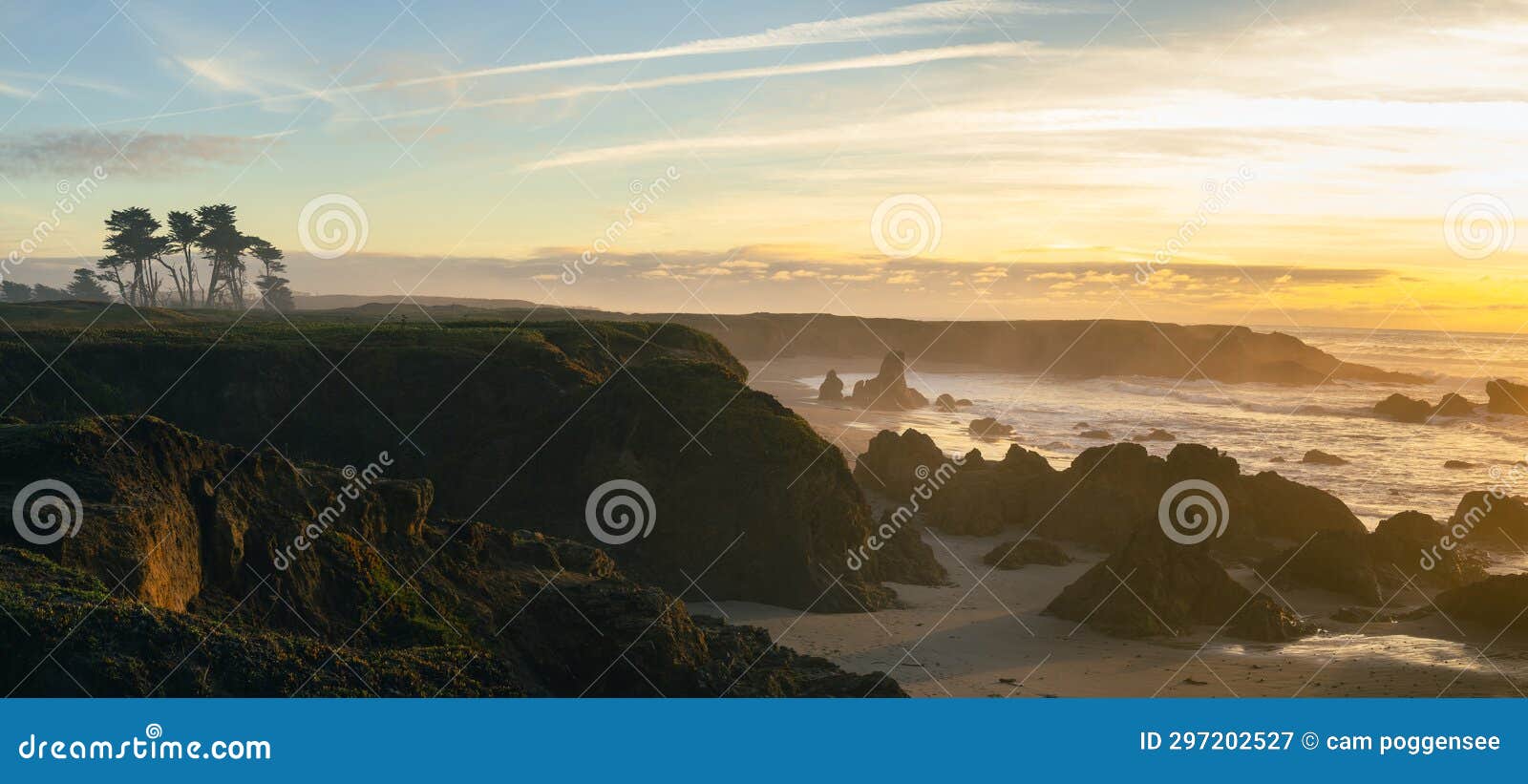 panorama landscape view of fort bragg coastline as sunset near pudding creek trees