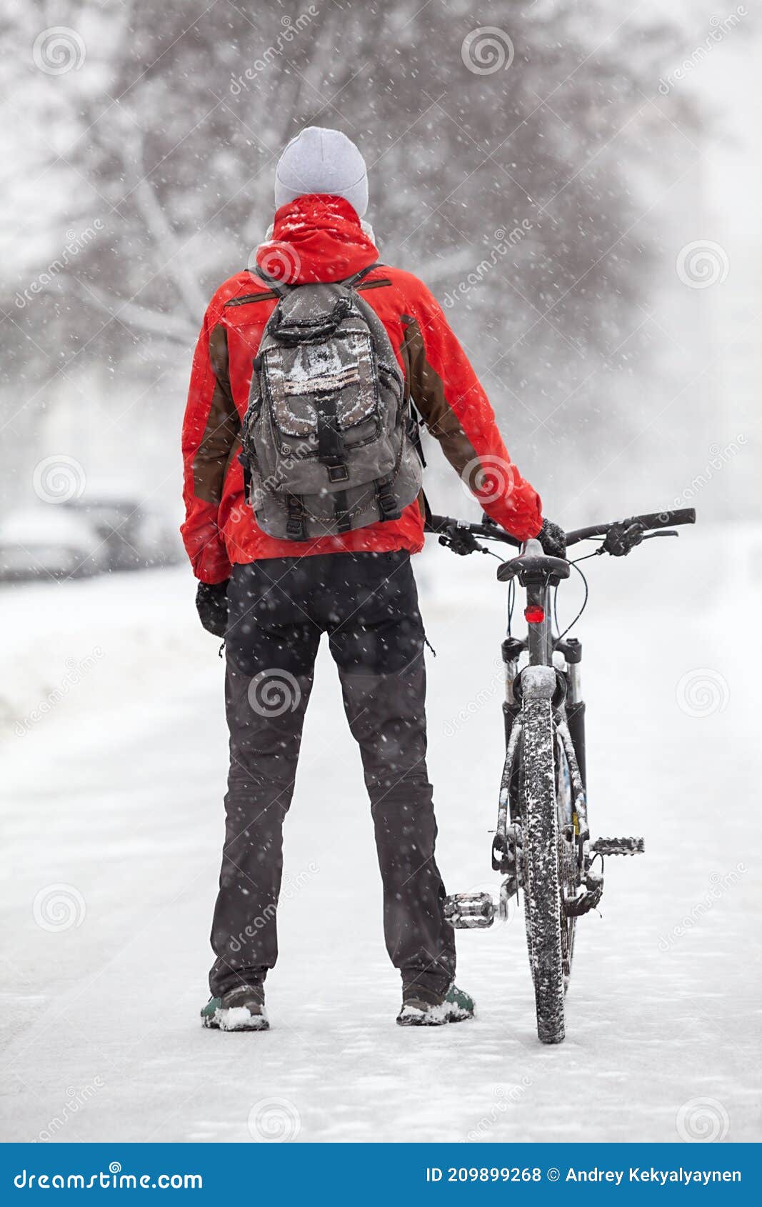 Vista Trasera De Un Hombre Adulto Con Bicicleta De Montaña Parado En Carril  De Nieve En Una Calle Urbana Temporada De Invierno Con Foto de archivo -  Imagen de nevadas, hielo: 209899268