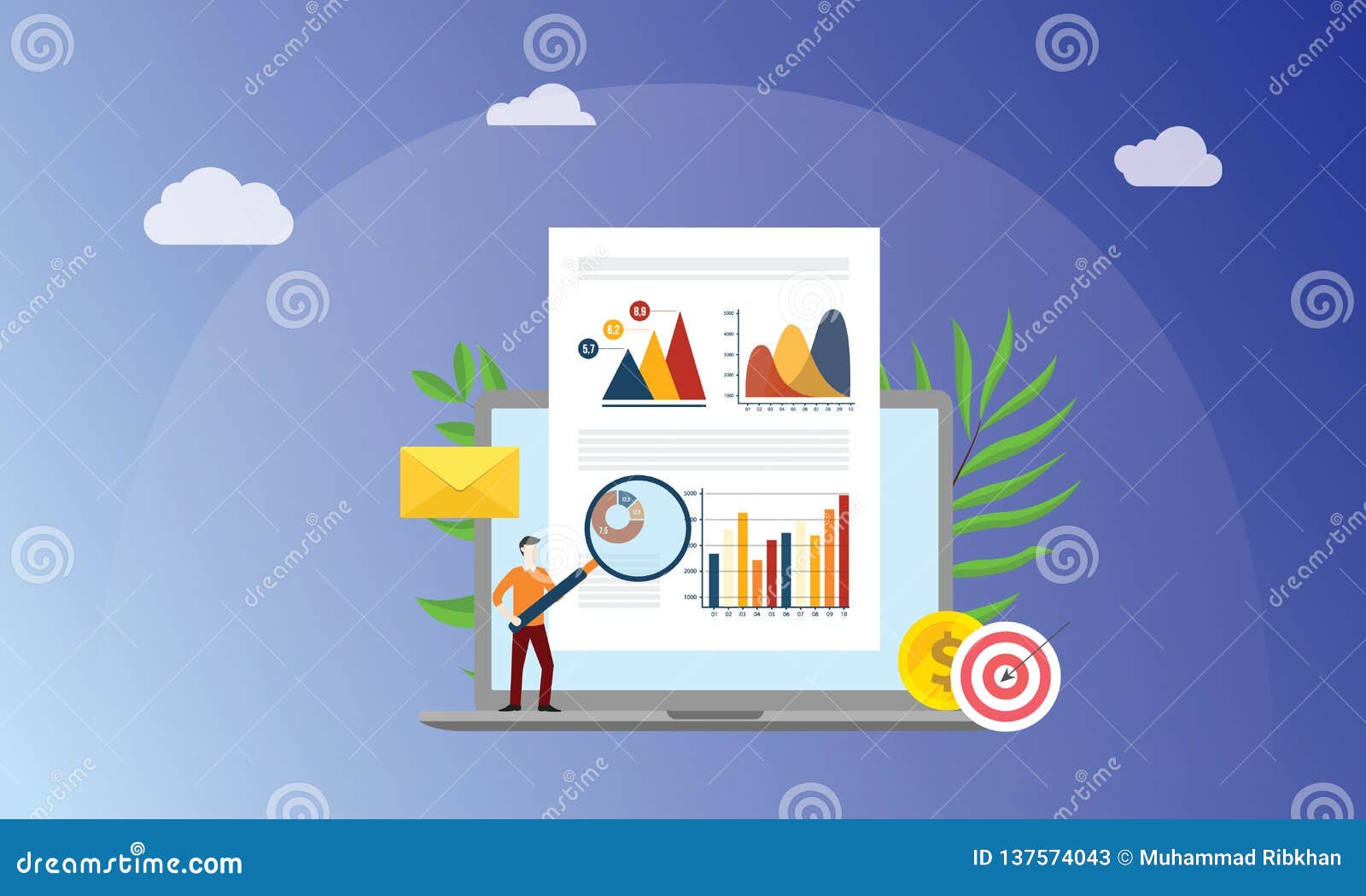 visual data marketing concept with business man people with magnifying glass analyze data graph and chart finance on paper