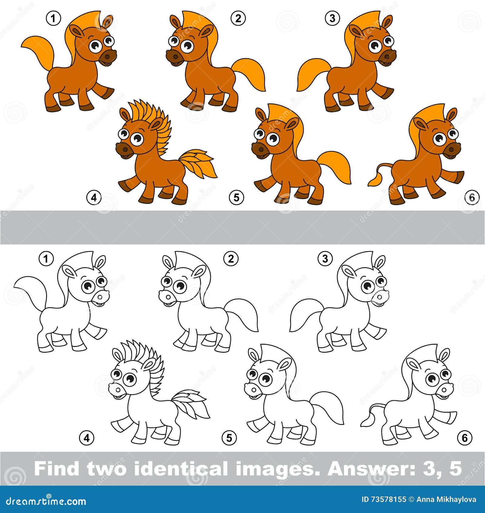 Visual Game. Find Hidden Couple of Horses. Stock Vector Illustration