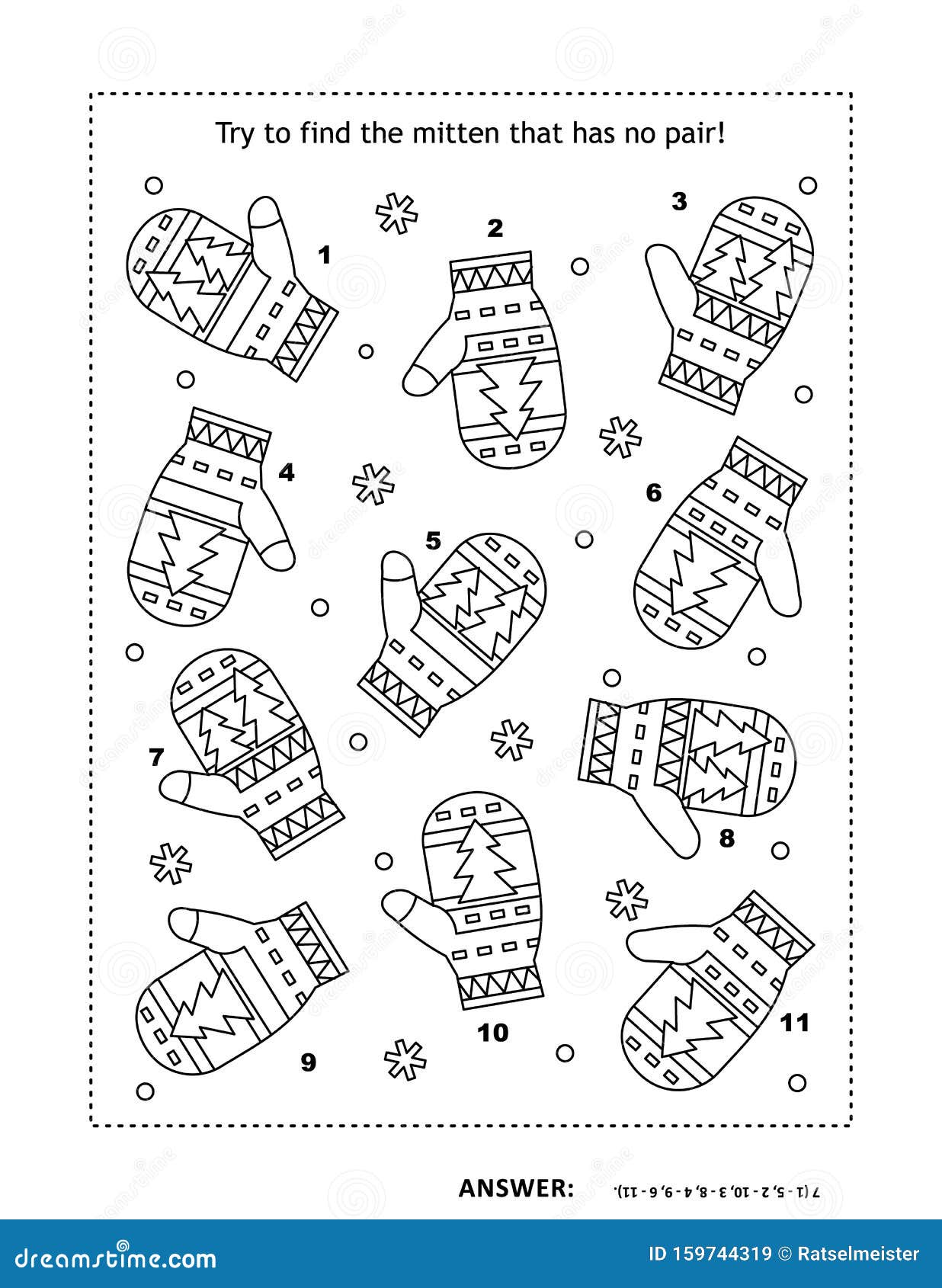 Visual Logic Puzzle And Coloring Page With Mittens Stock Vector