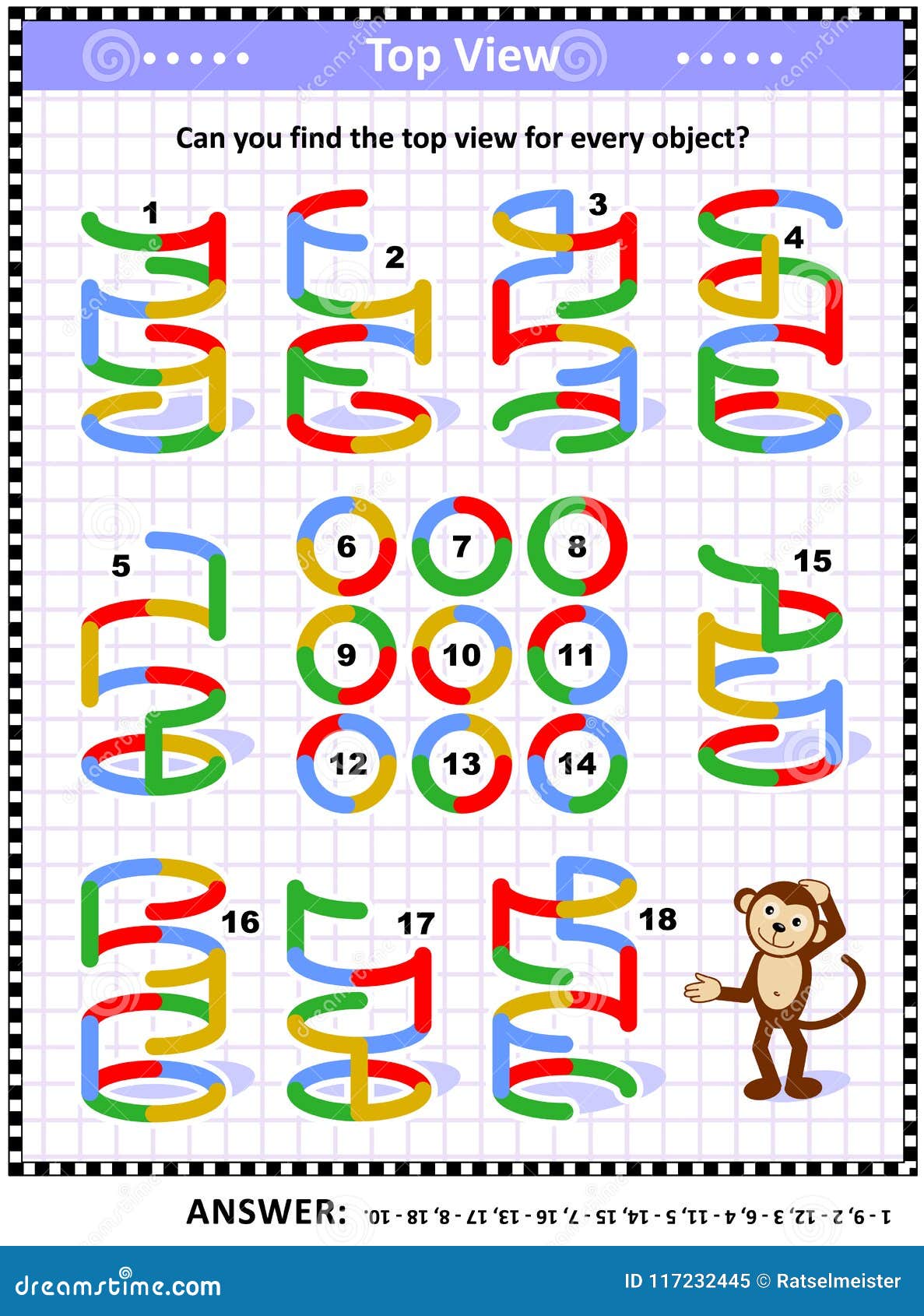 visual math puzzle - find the top view for colorful wire objects