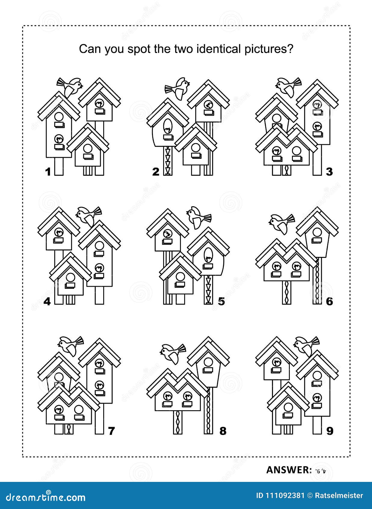 Download Visual Puzzle And Coloring Page With Spring Birdhouses Stock Vector - Illustration of black ...