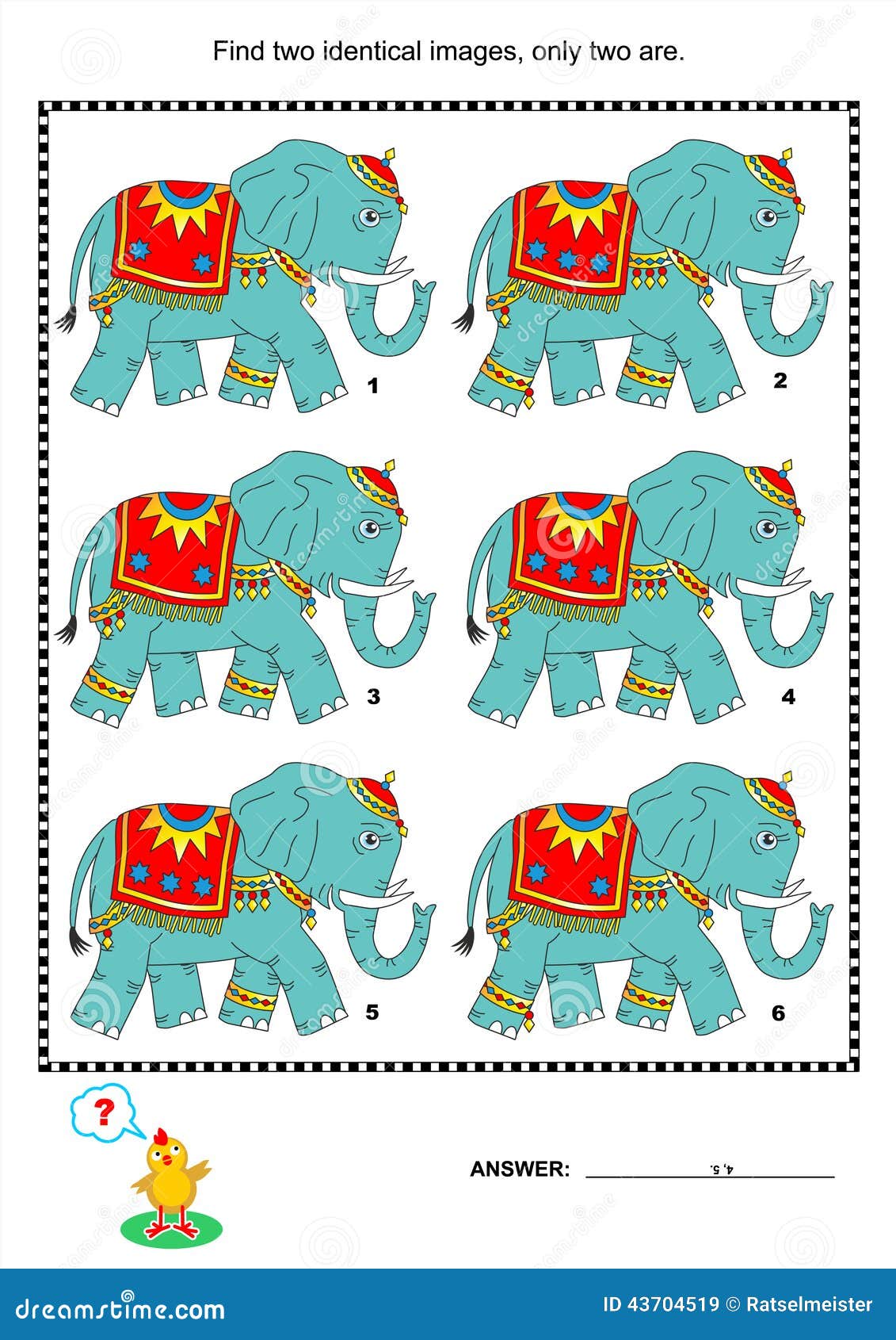 visual puzzle - find two identical pictures of elephants