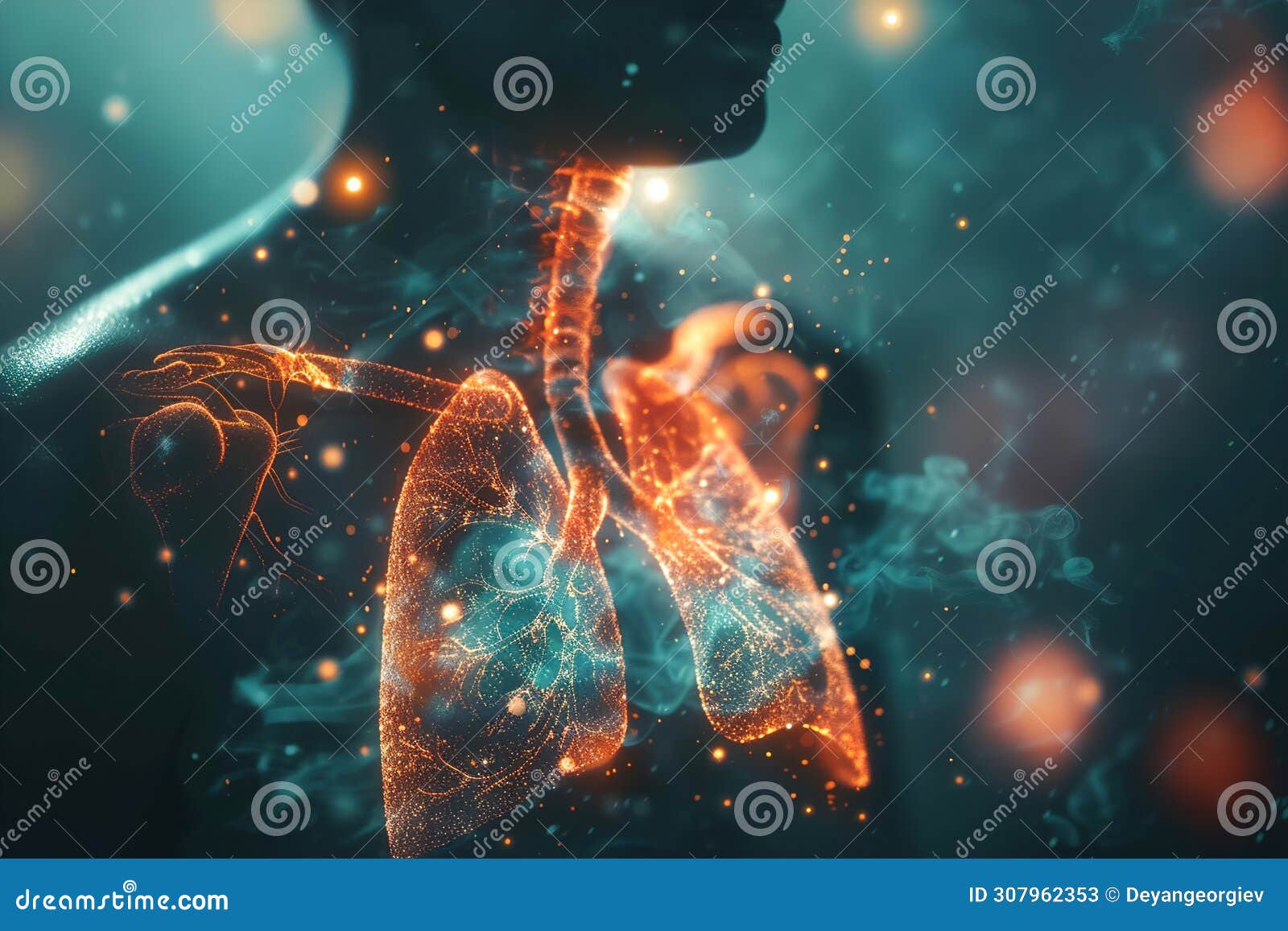 visual representation of a person's chest with inflamed airways and difficulty breathing, izing.