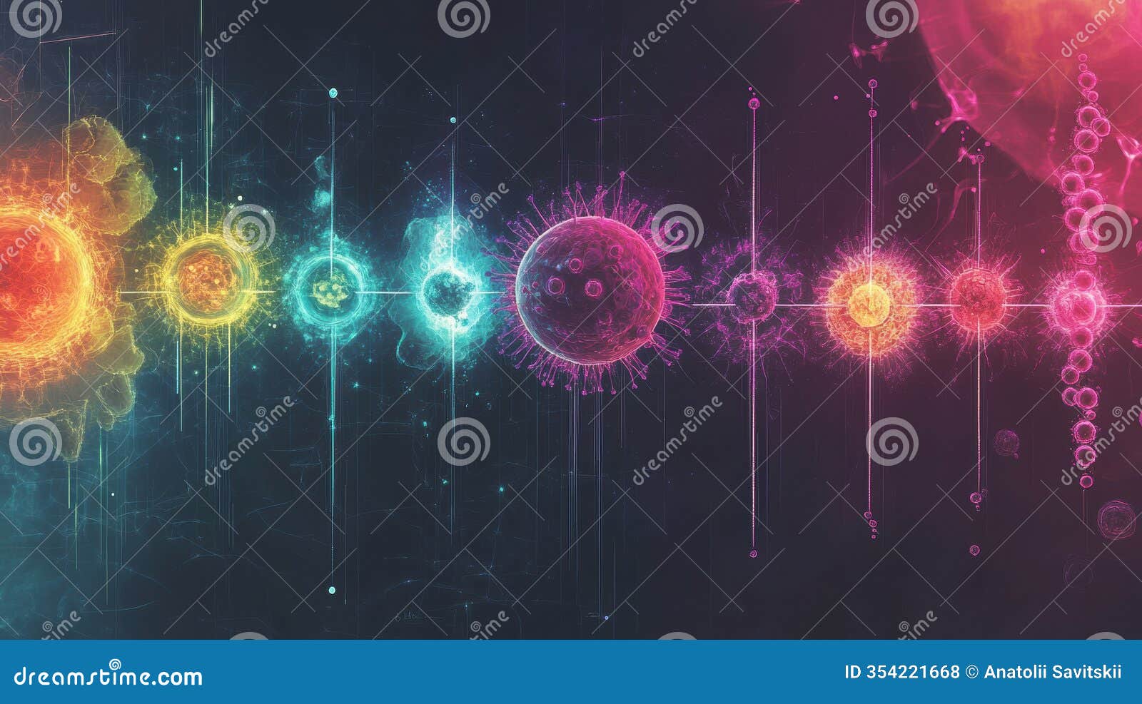 progression of virus forms showing evolution from simple structures to complex organisms in colorful 