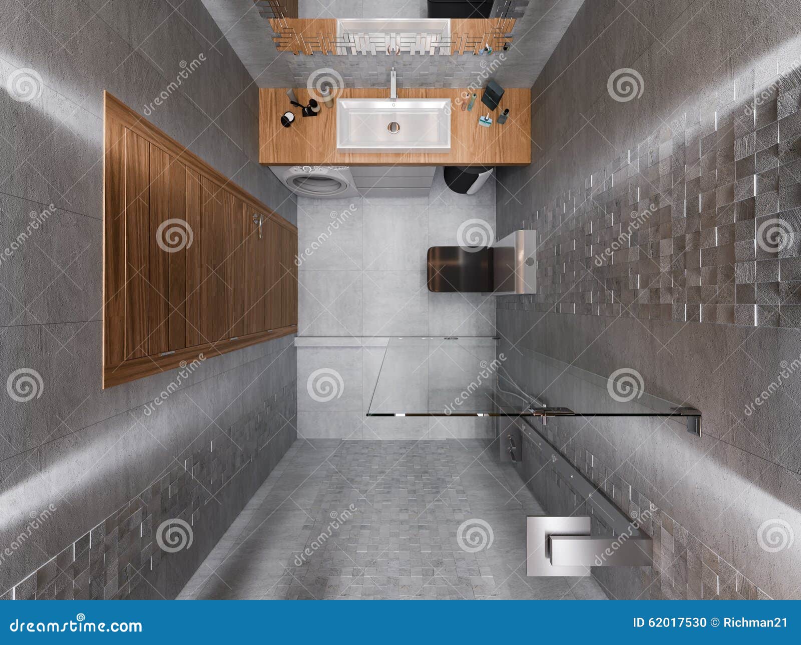 Visualization 3d av ett badrum i en grå sten och en mosaik stock ...