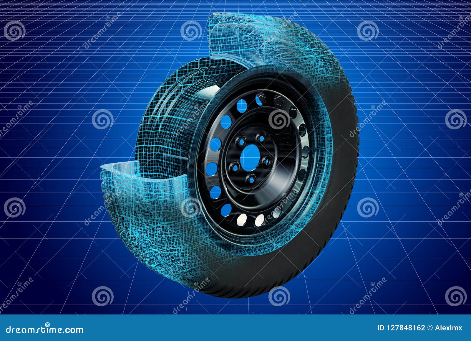 Visualization 3d Cad Model of Car Wheel, Blueprint. 3D Rendering Stock Illustration