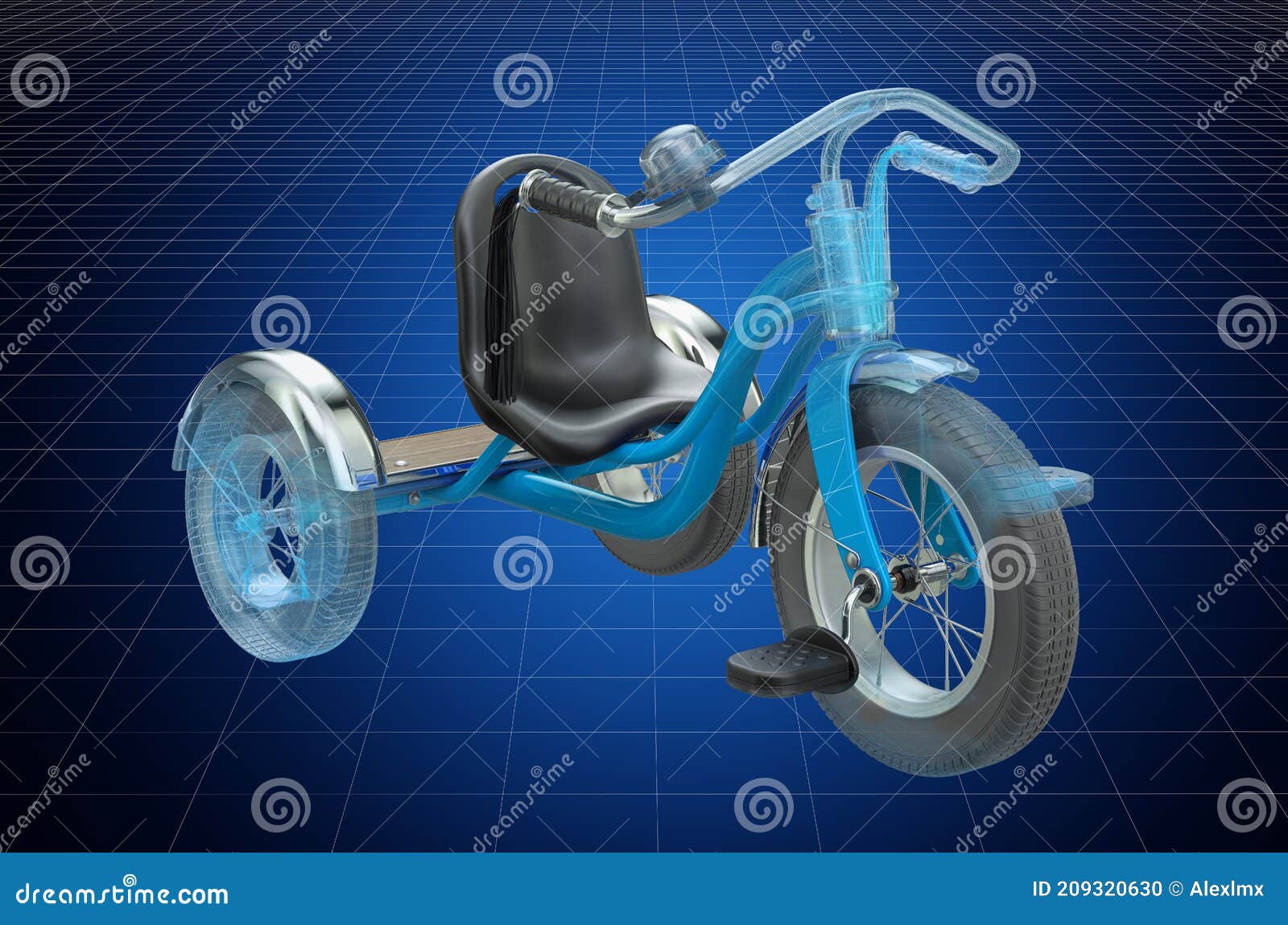Visualization 3d Cad Model of Kids Bicycle Tricycle, Blueprint. 3D