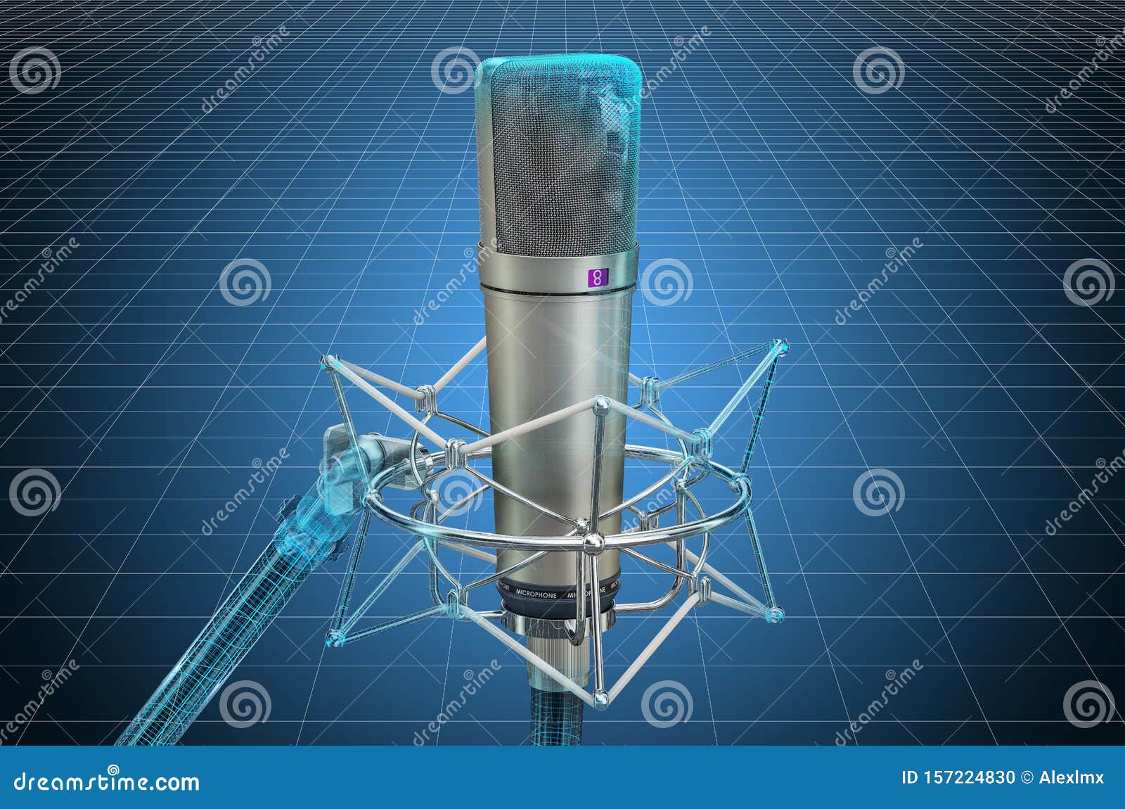 visualization 3d cad model of microphone with shock-mount, blueprint. 3d rendering