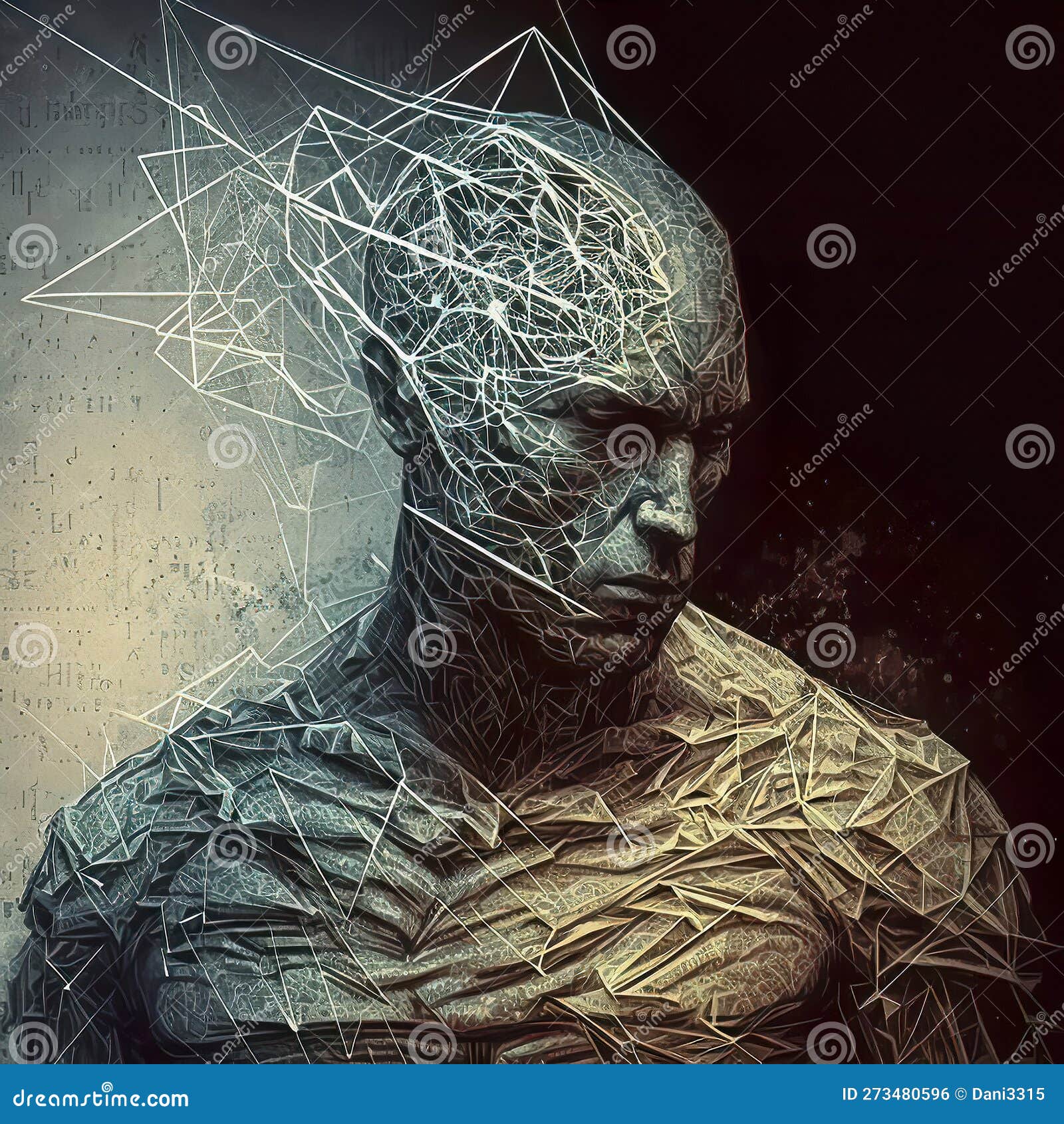 a visually stunning and emotionally charged abstract artwork featuring a close-up portrait of a man with wire mesh netting,