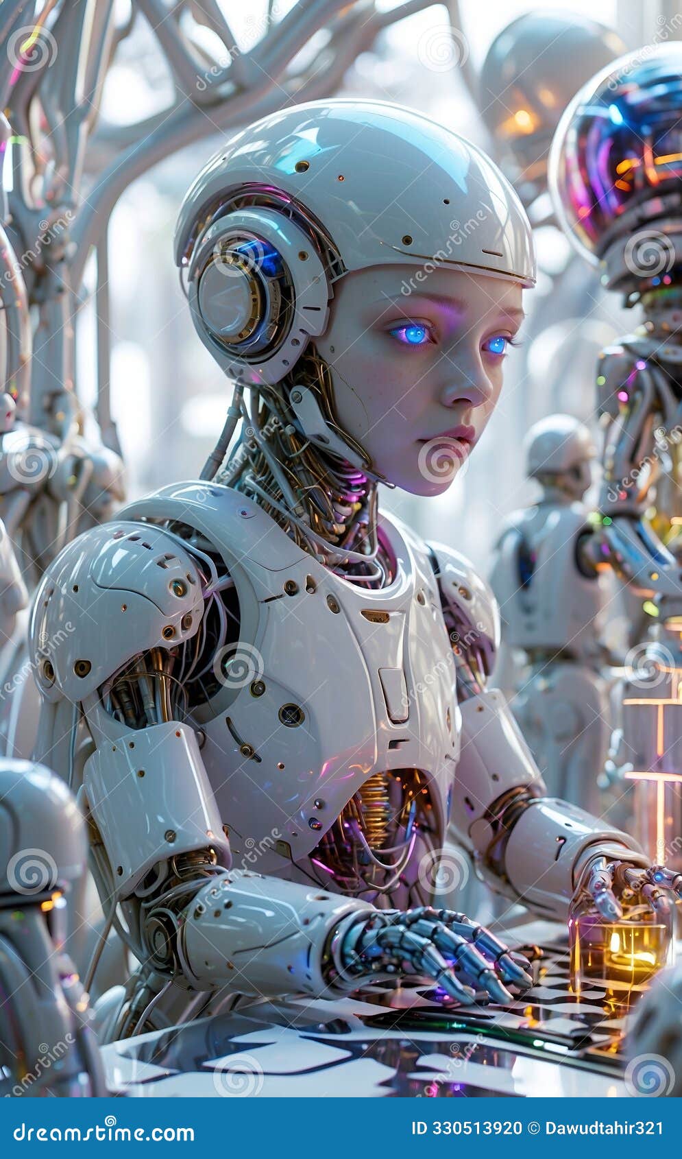 a robot extraterrestrial alien and humanoid robot engage in a mesmerizing, strategic chess match