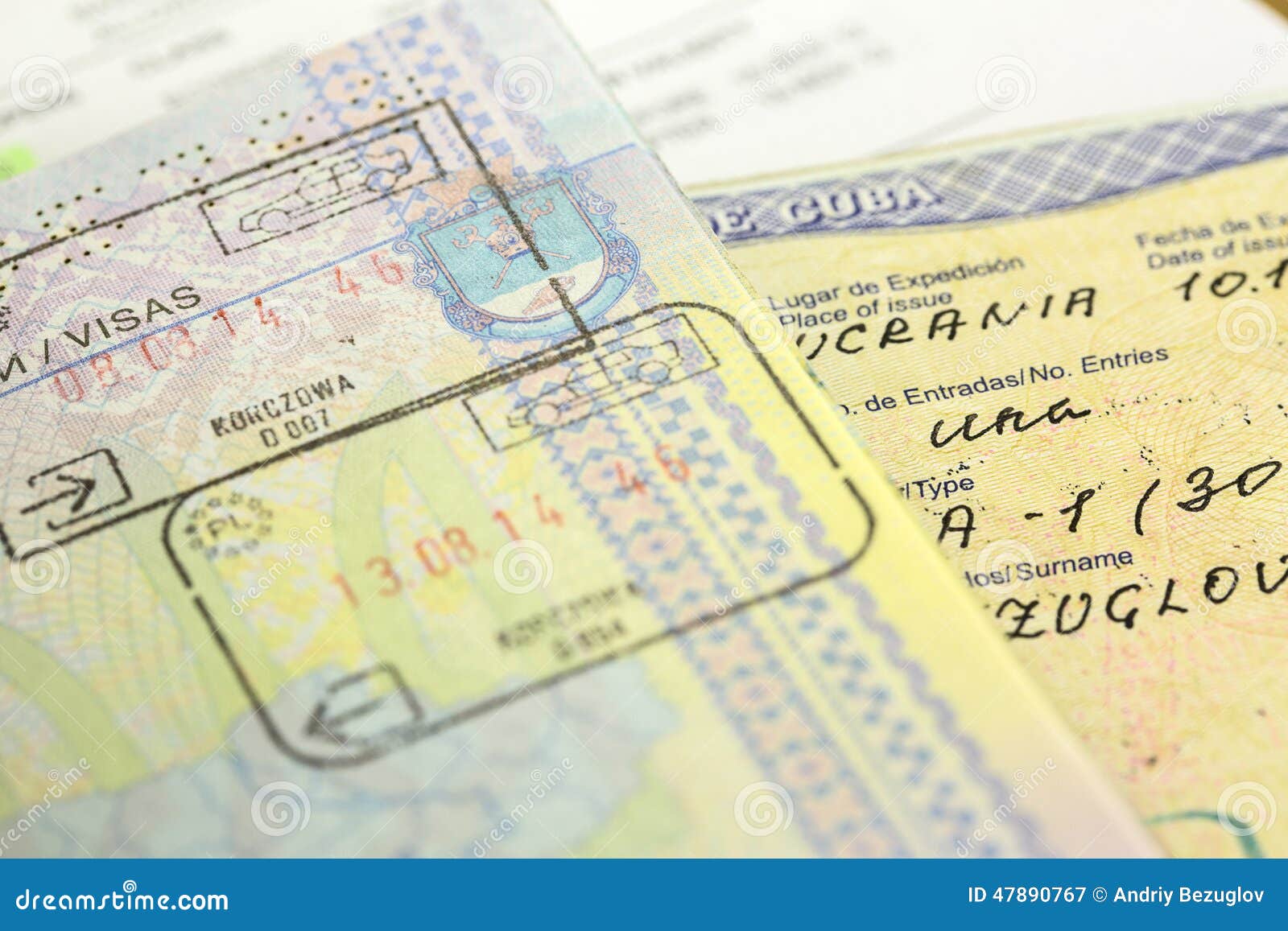 Visumstämpel. Pass med visumKuba stämplar