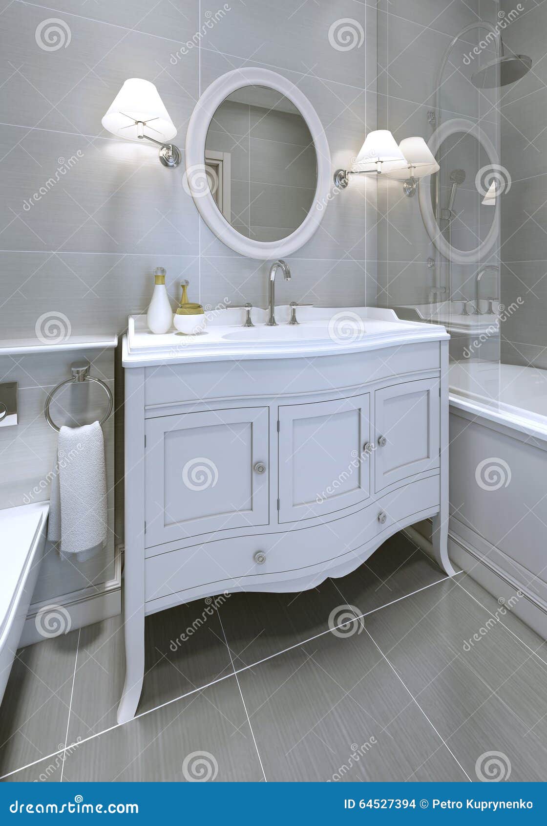 Vit art déco utformad vaskkonsol i badrum arkivfoto bild: 64527394