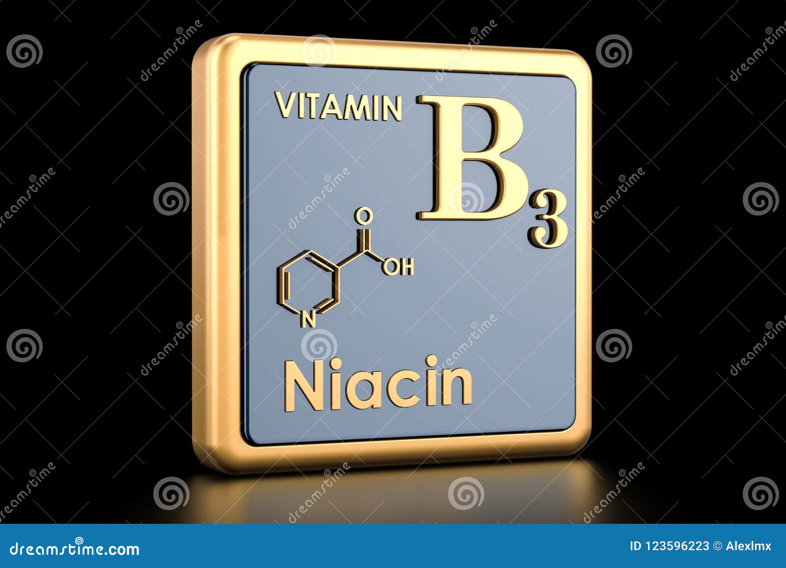 Vitamin B3, Niacin. Icon, Chemical Formula, Molecular Structure. Stock