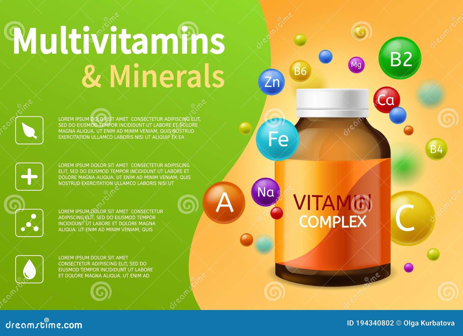 Vitamin Complex. Realistic Plastic Bottle with Multivitamins, Minerals and Flying Bubbles