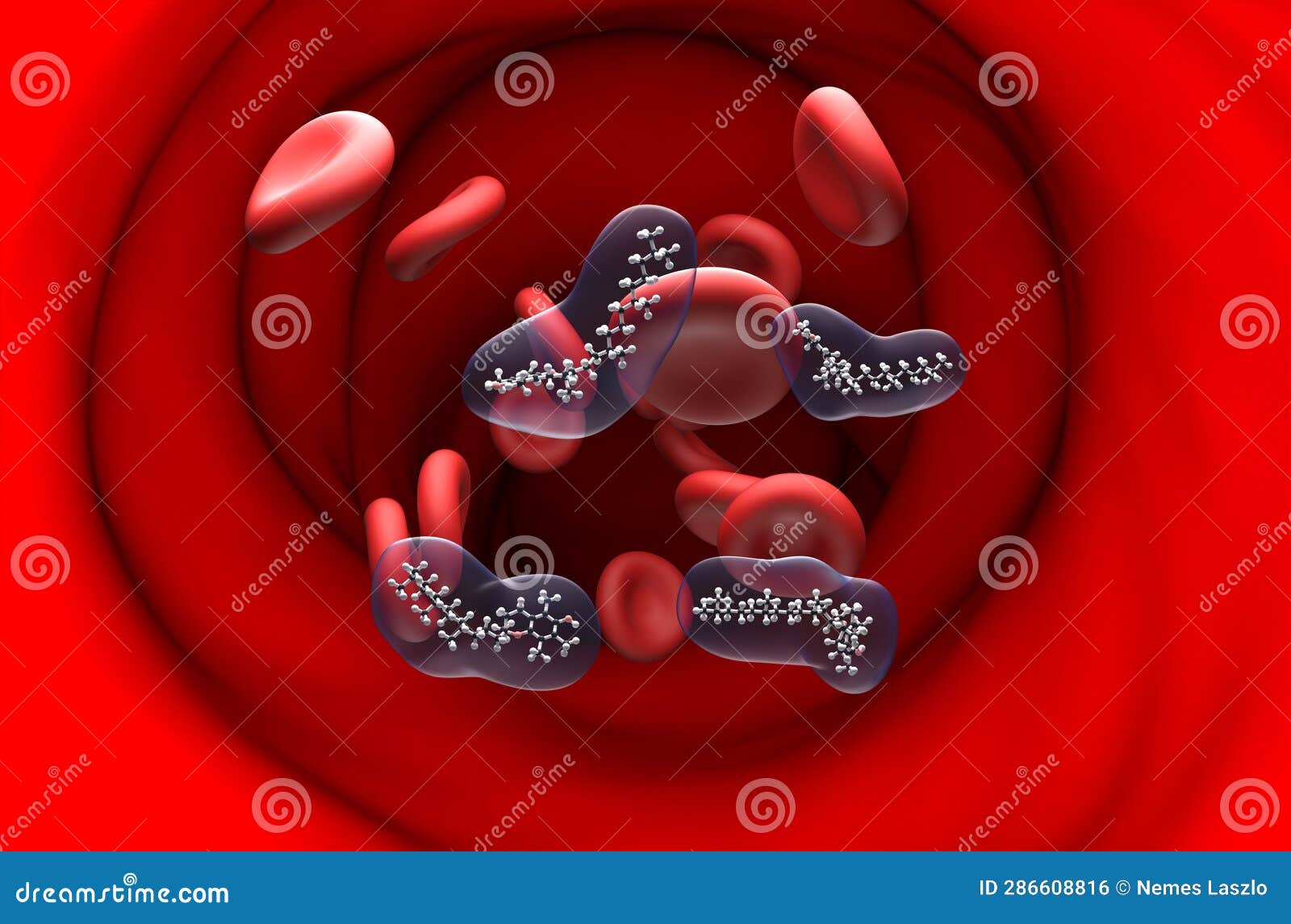 vitamin e structure in the blood flow â ball and stick section view 3d 