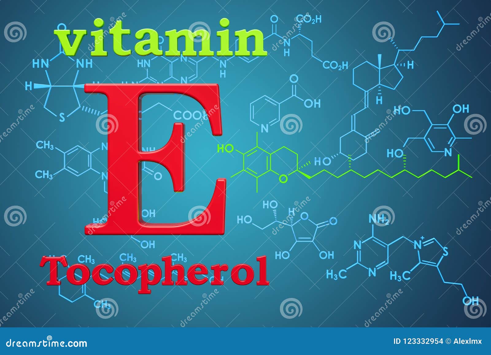 Vitamin E, Tocopherols. Chemical Formula, Molecular Structure Stock