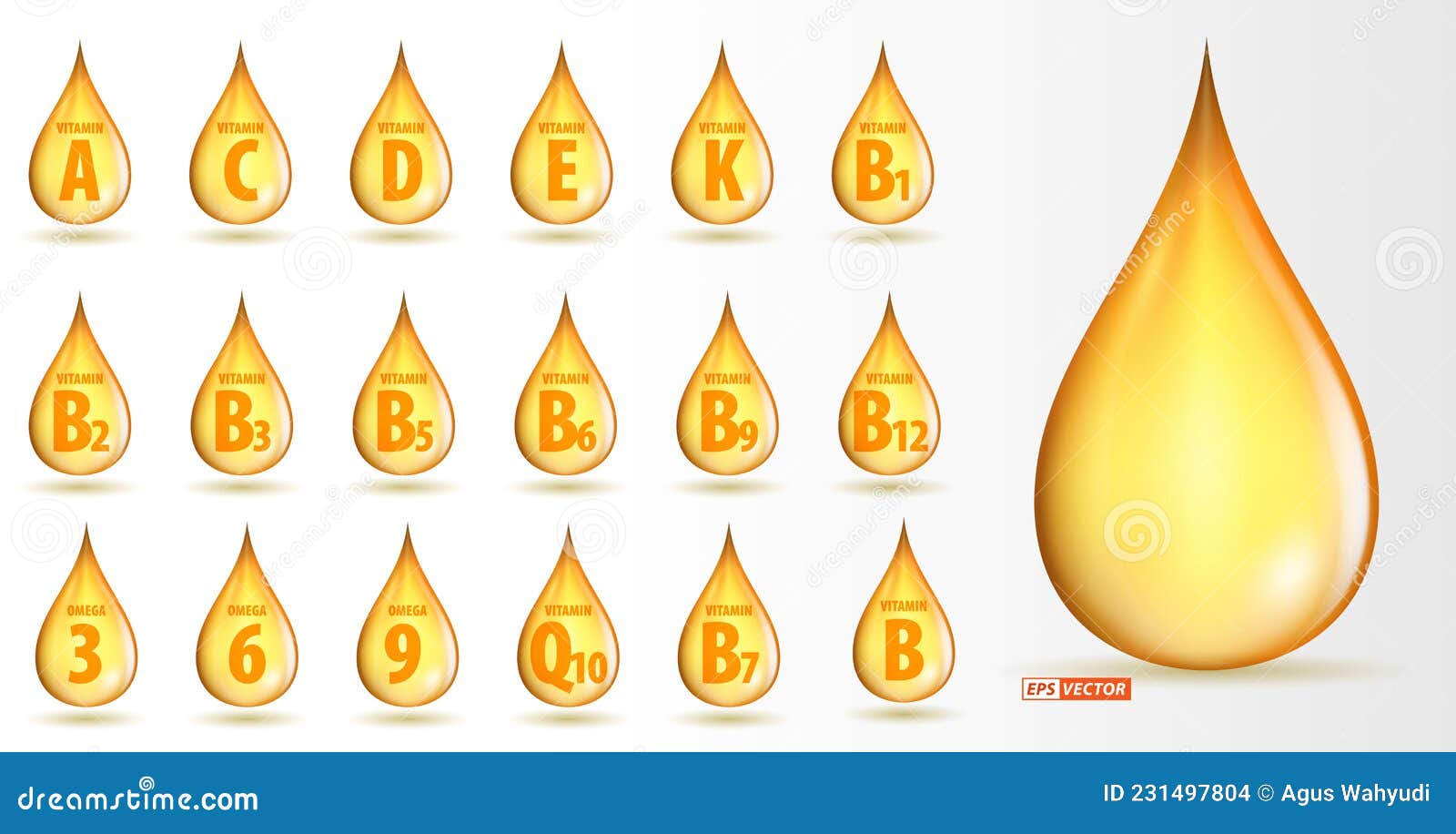 Set of Realistic Vitamin Gold Oil Drop Isolated or Golden Liquid