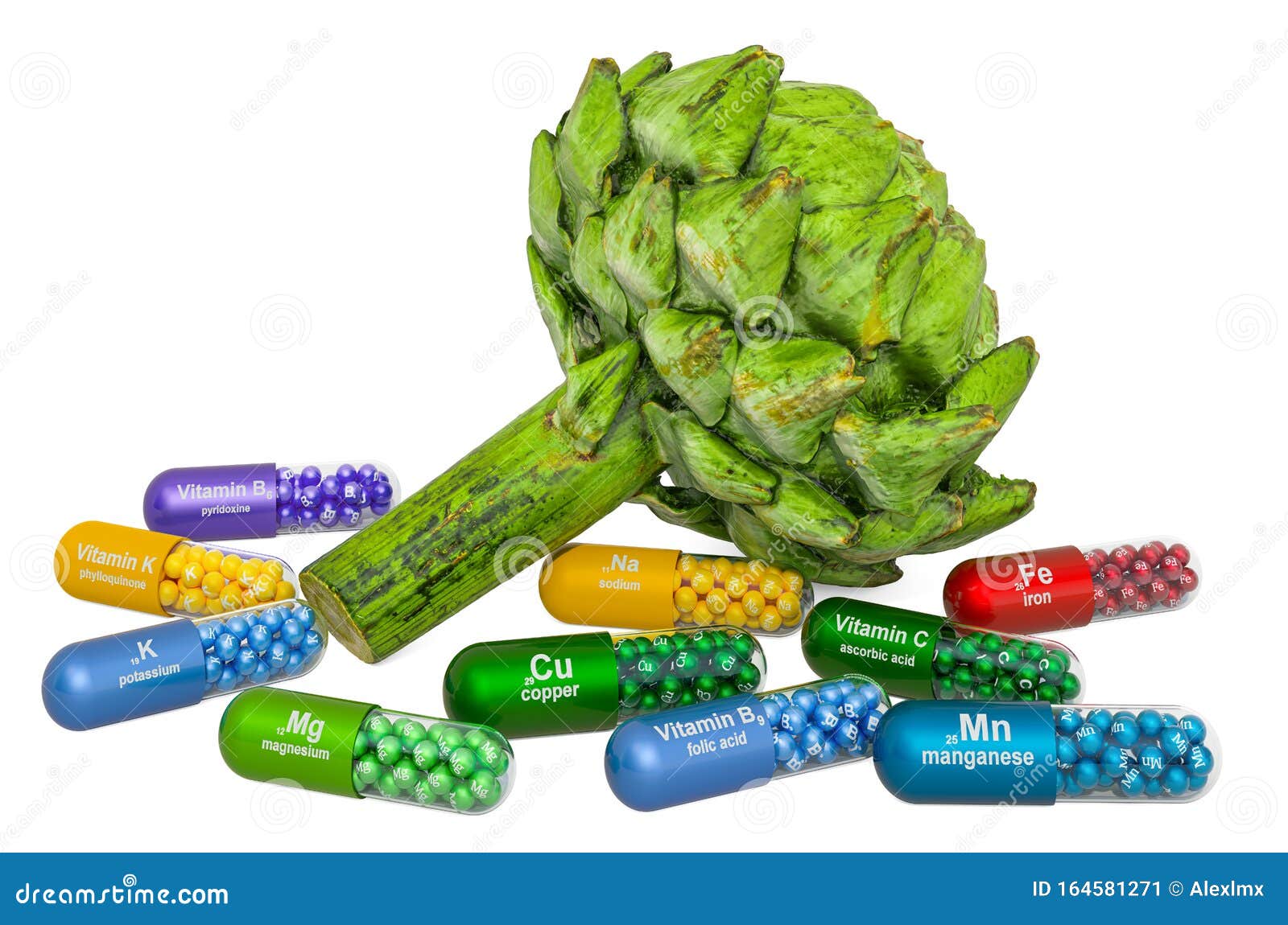 vitamins and minerals of artichoke, 3d rendering