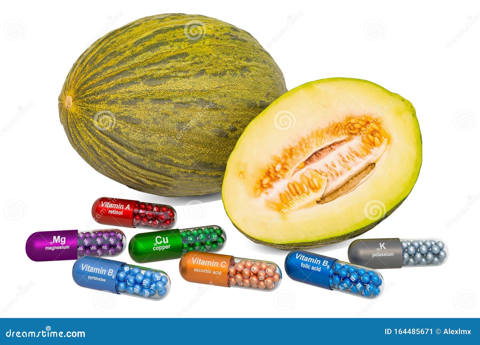 Vitamins and Minerals of Christmas Melon, 3D Rendering Stock