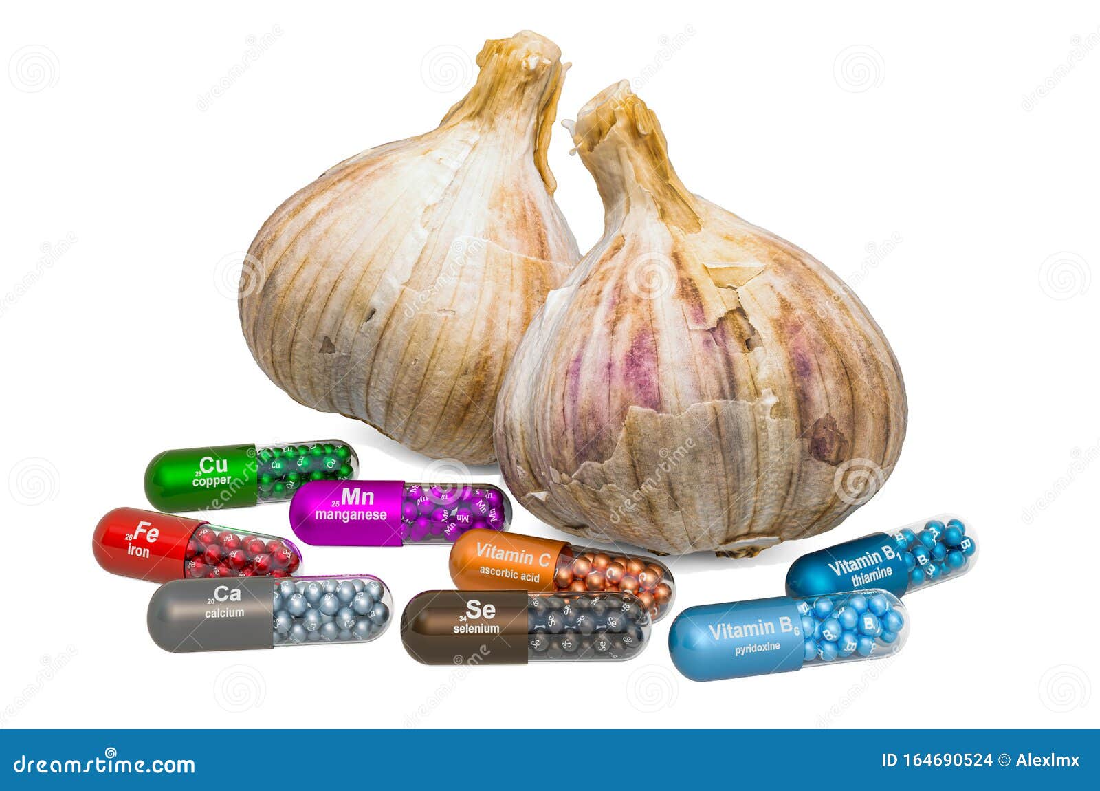 Vitamins and Minerals of Garlic, 3D Rendering Stock Illustration