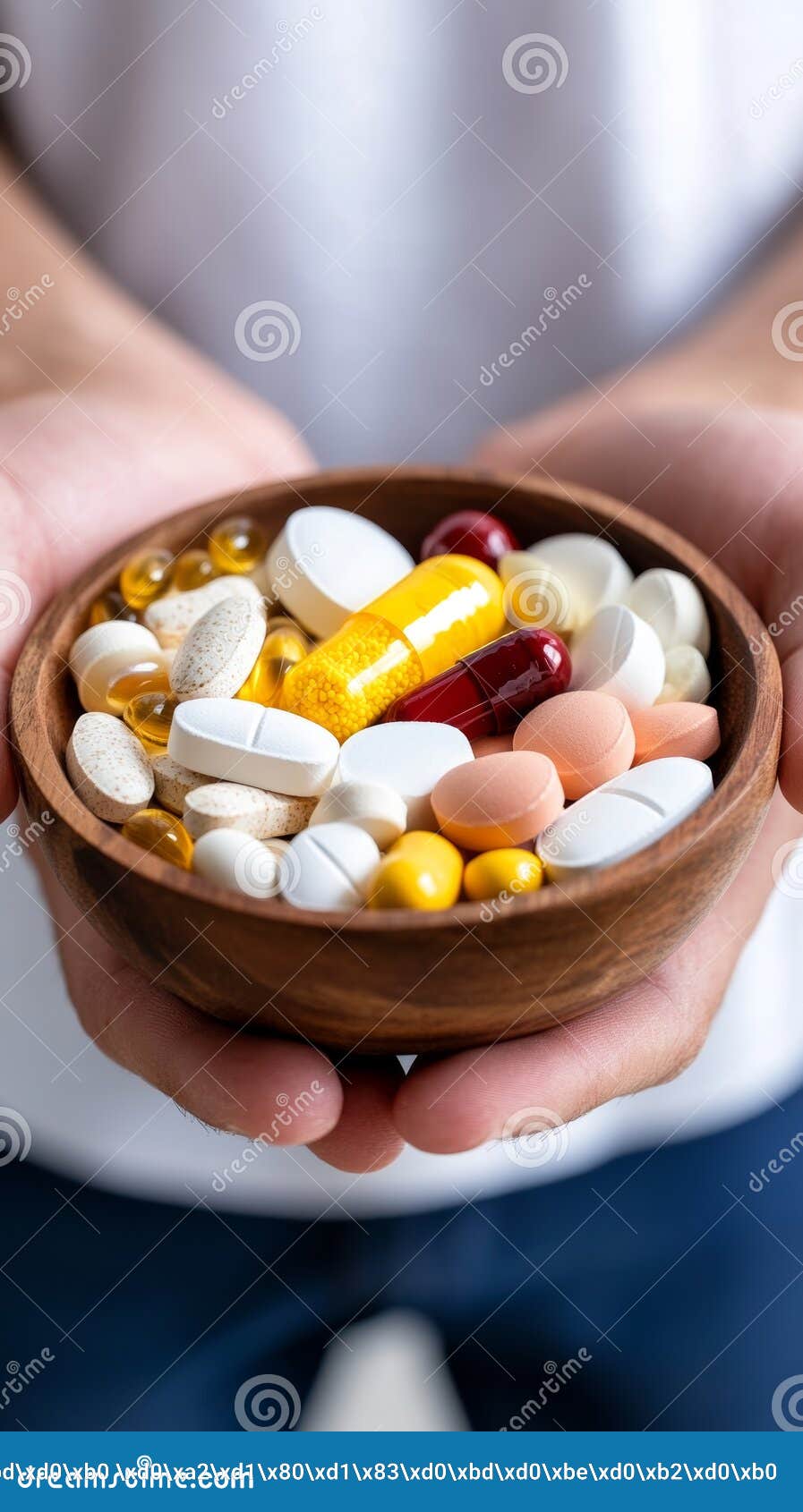 vitamins and supplements in bowl held by hands, showcasing importance of nutritional health and addressing avitaminosis