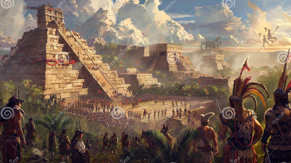 Conquistadors Encounter: Dramatic Painting of Aztecs and Spanish Conquistadors Encounter: Dramatic Painting of Aztecs and Spanish