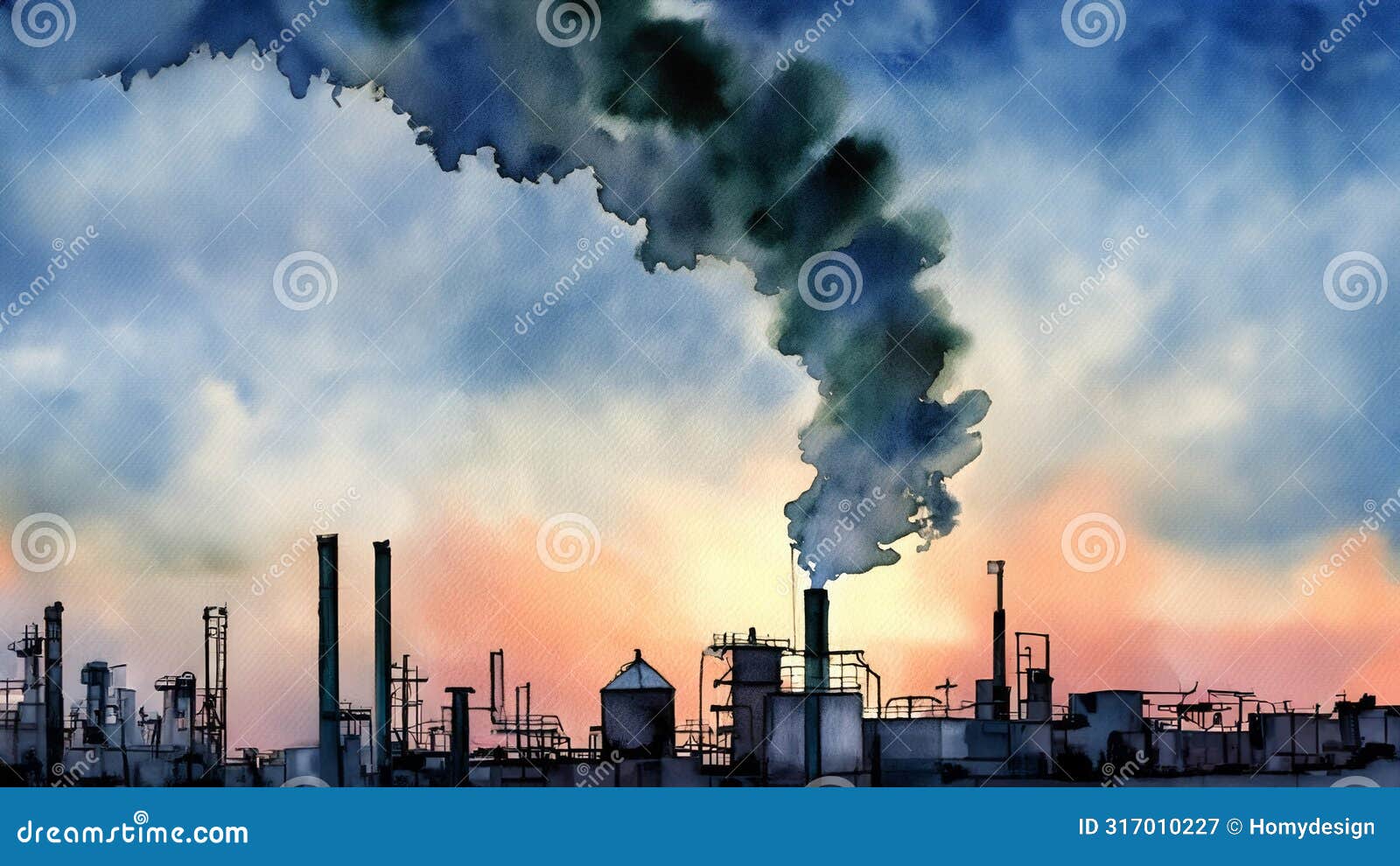 a vivid portrayal of industrial smokestacks discharging dark smoke into a twilight sky