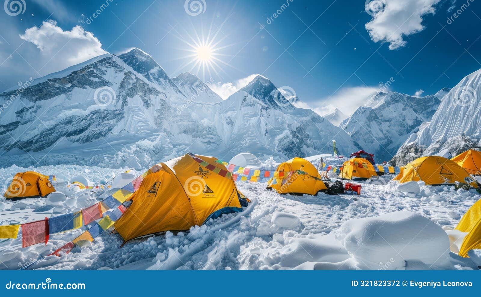 vivid prayer flags on a sunny snowy day at a mountain campsite in nepal s picturesque landscape