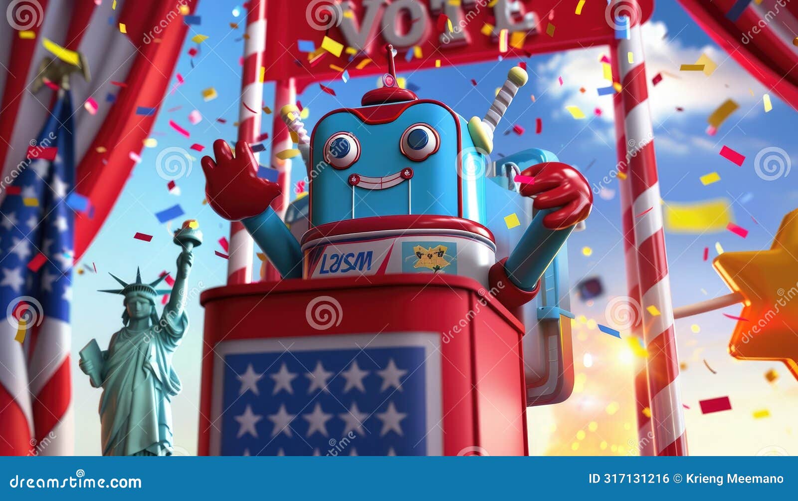 friendly robot guides whimsical state icons to vote joyfully