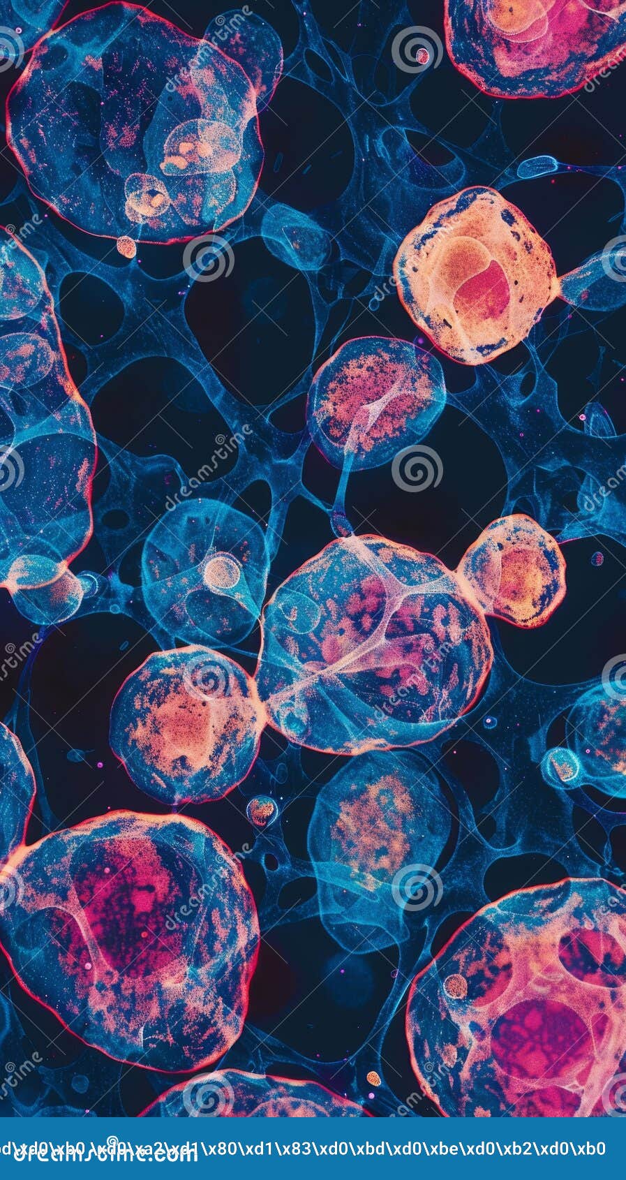 a vividly colored microscopic view of multiple cells interacting, stained in dynamic hues to highlight biological