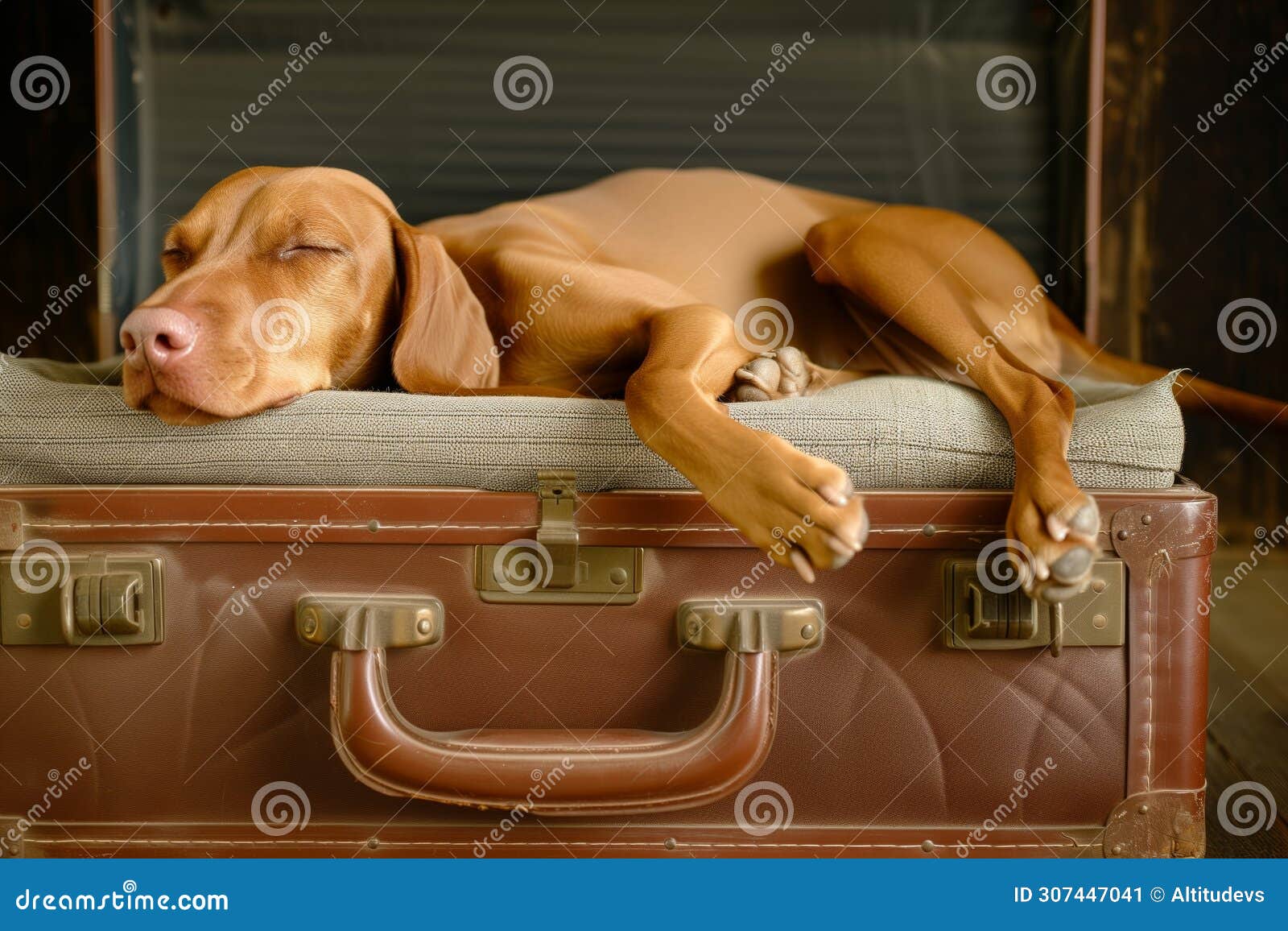 vizsla asleep in a mediumsized suitcase, tail hanging over the side
