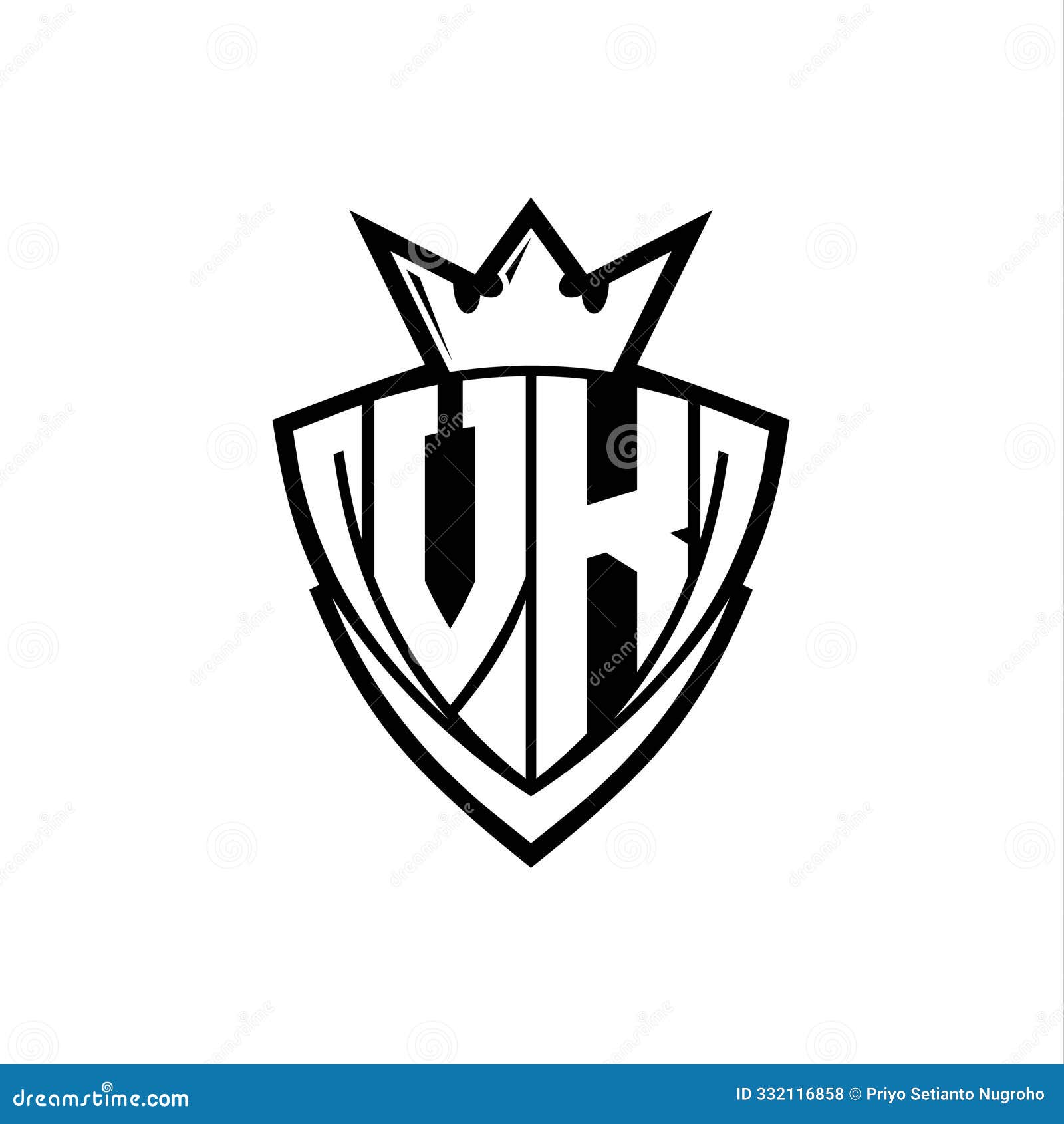 vk letter logo with sharp triangle shield  with crown inside white outline on white background template 