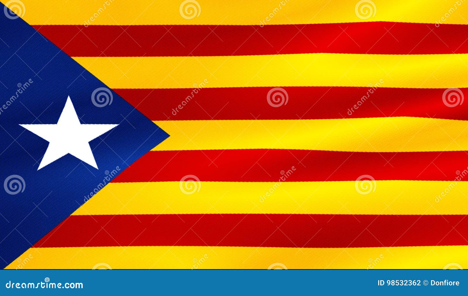 Vlag van de gele en rode strook van Catalonië met ster het golven textuur. Vlag van de gele en rode strook van Catalonië met de stoffenachtergrond van de ster golvende textuur, nationale Catalaanse symboolstem voor separatismeonafhankelijkheid van het concept van Spanje