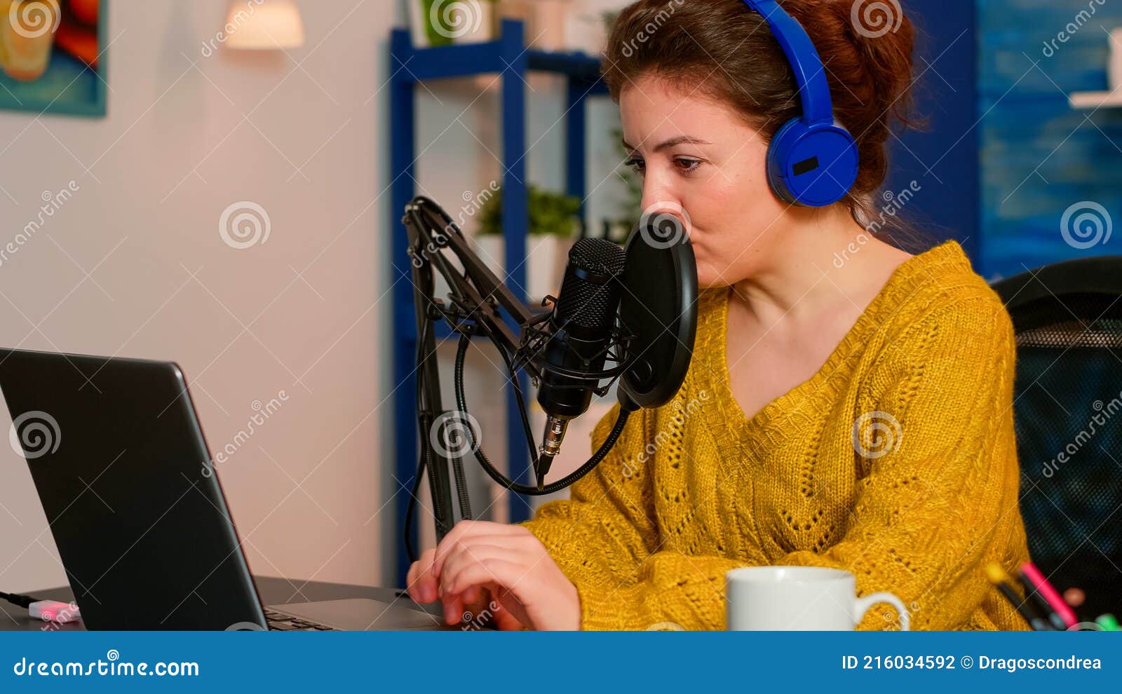 Vlogger Recording Podcast Using Mic at Home Studio Stock Photo Image