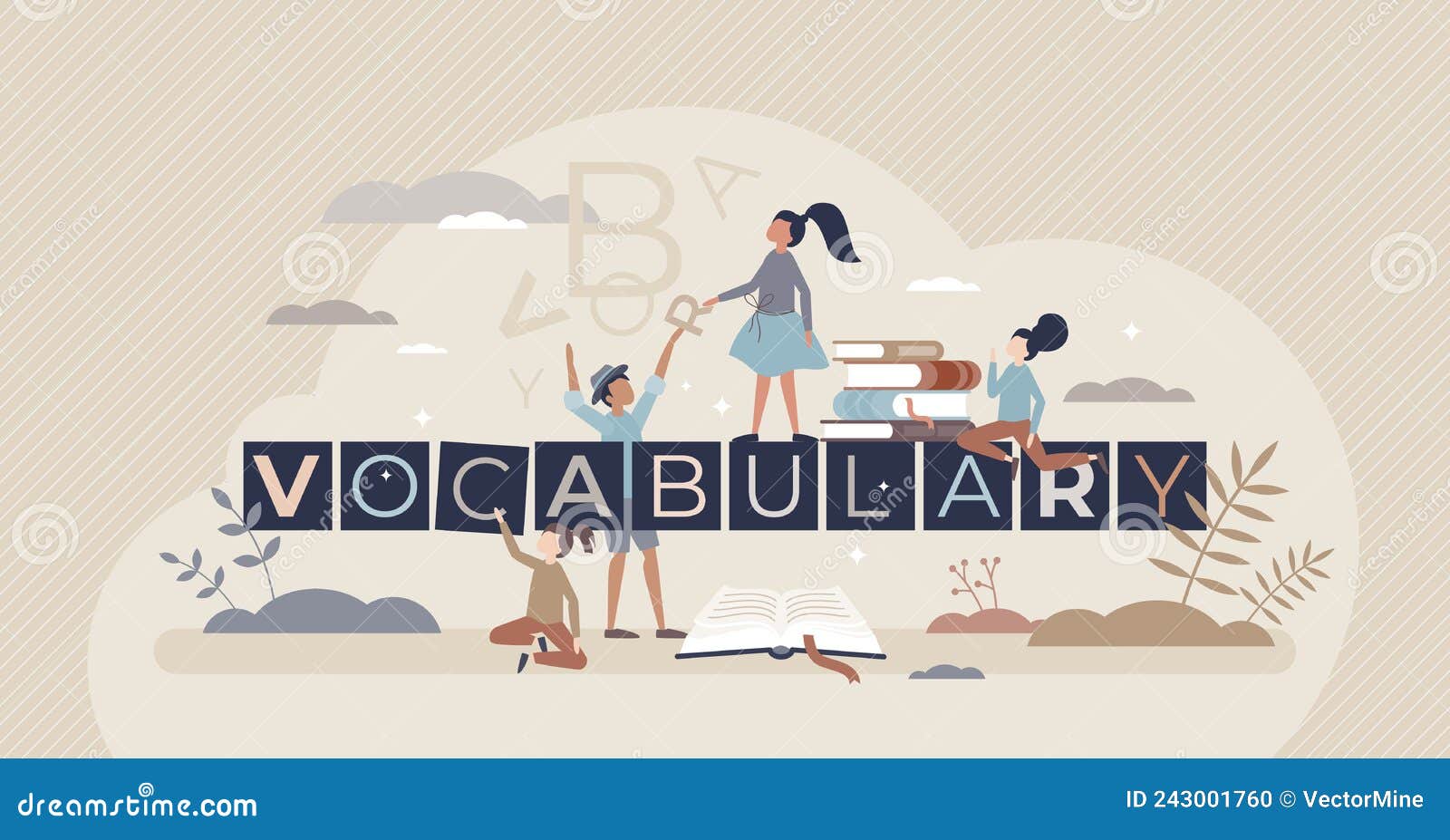vocabulary and word count in daily speech and language tiny person concept