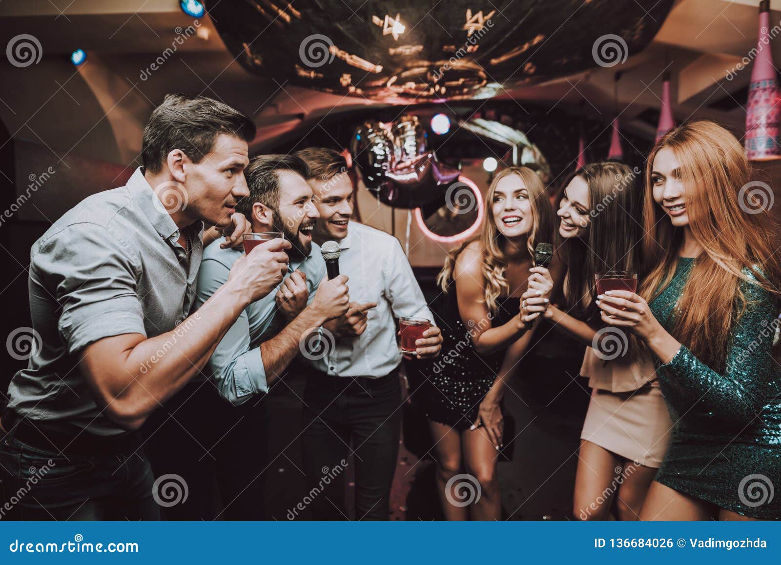 Vocal Battle. Beautiful Girls . Karaoke Club. Stock Photo - Image of ...