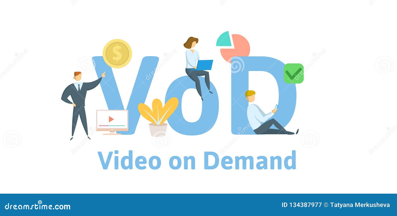 VOD, Video on Demand. Concept with Keywords, Letters, and Icons. Flat Vector Illustration