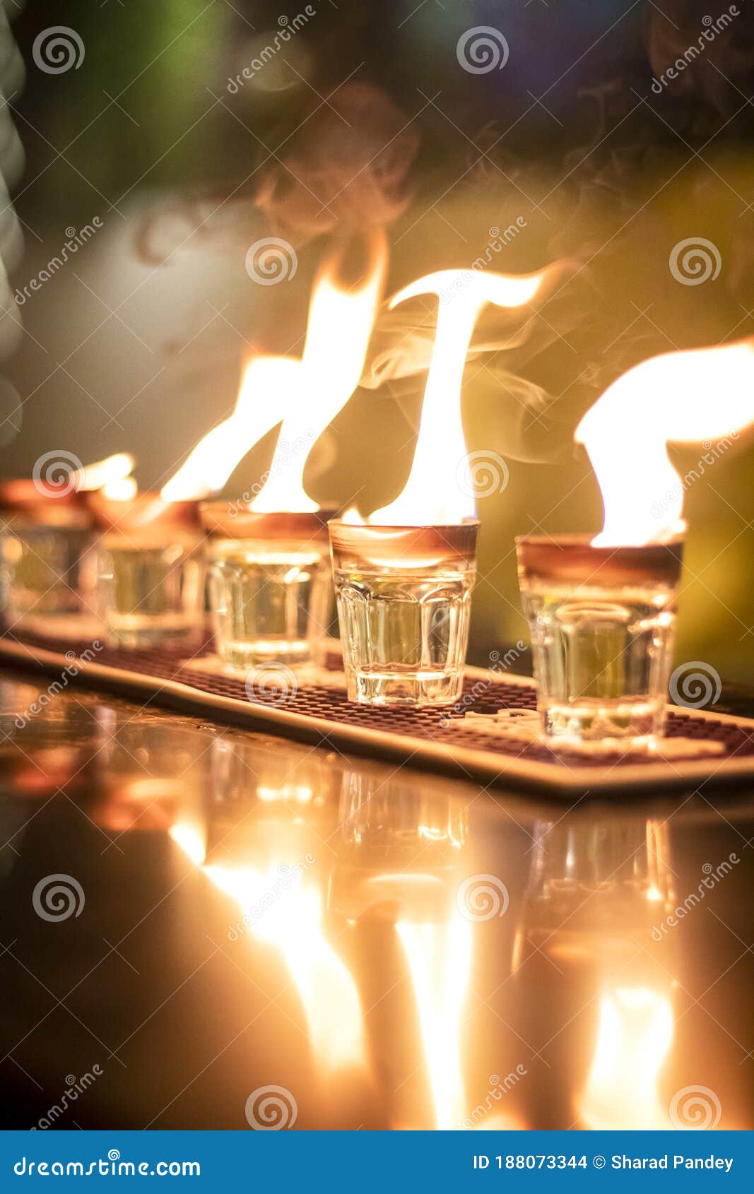 Vodka Fire Shots Lined Up on a Table in a Bar Stock Photo Image of