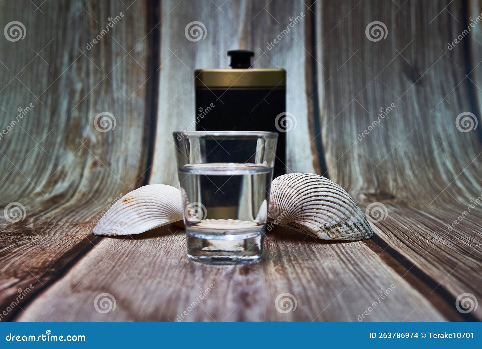 Vodka Shot Sea Shells and Drinking Flask Stock Photo Image of