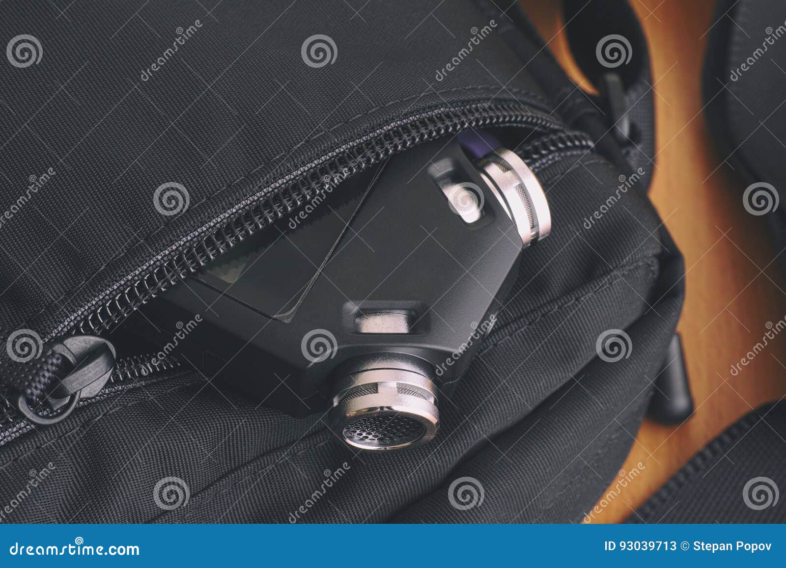Voice recorder in a bag stock image. Image of black, speaker 93039713
