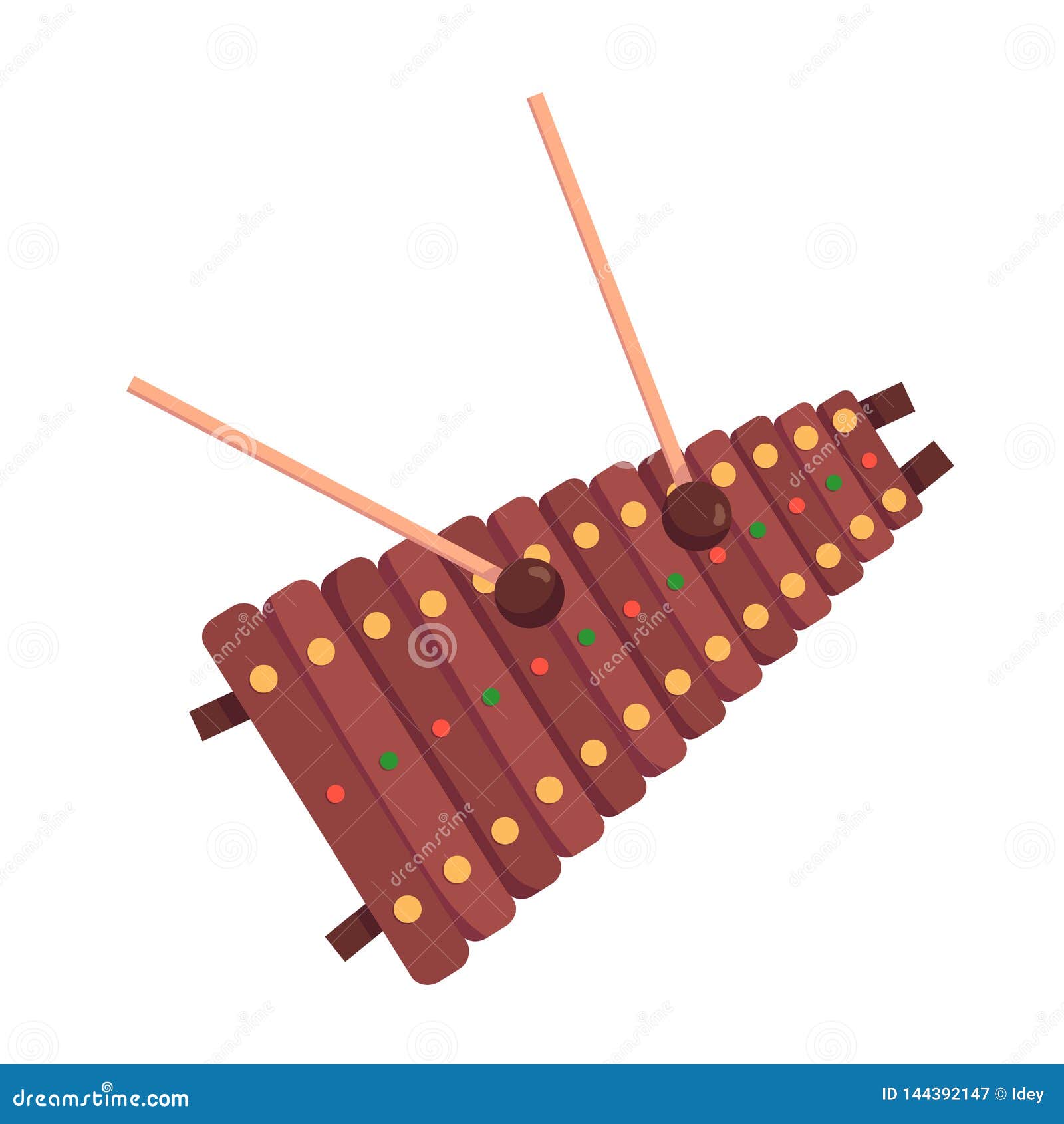 voiced percussion musical instrument xylophone, with wooden keys, percussion sticks.