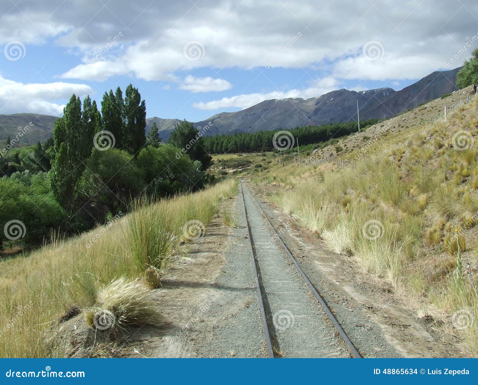 Voie ferrée tranquille. Ce chemin de fer est sur les périphéries de la ville Patagonian Esquel Il y a les herbes sèches, les arbres, et une gamme de montagne