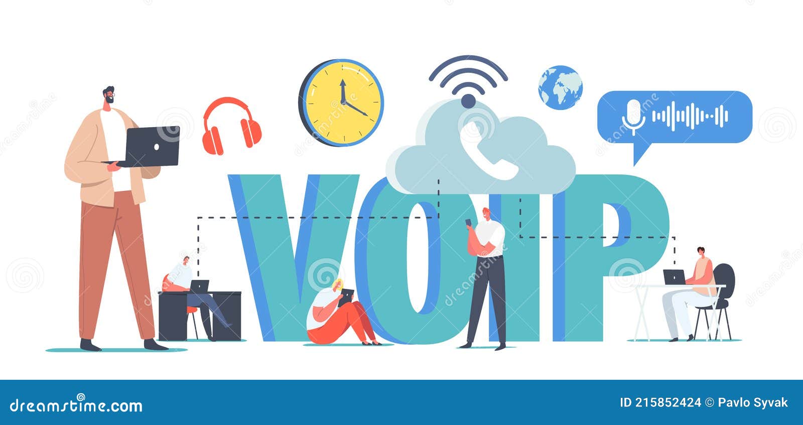 voip technology, voice over ip concept. characters use telephony, telecommunication system, telephone communication