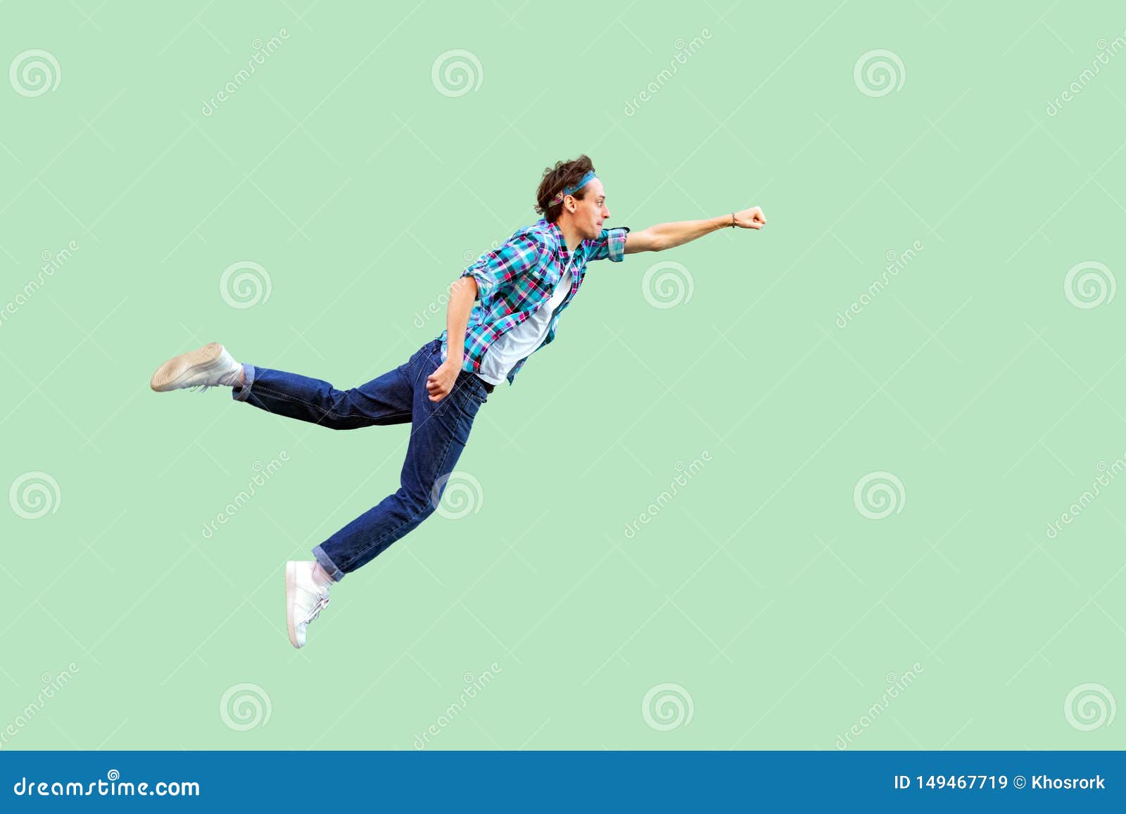 Superman Flying Enthusiasm Concept Full Length Profile Side View Of Young Man In Casual Style Felt Himself A Superhero Or Super Image Stock Image Du Imagination Enthousiasme