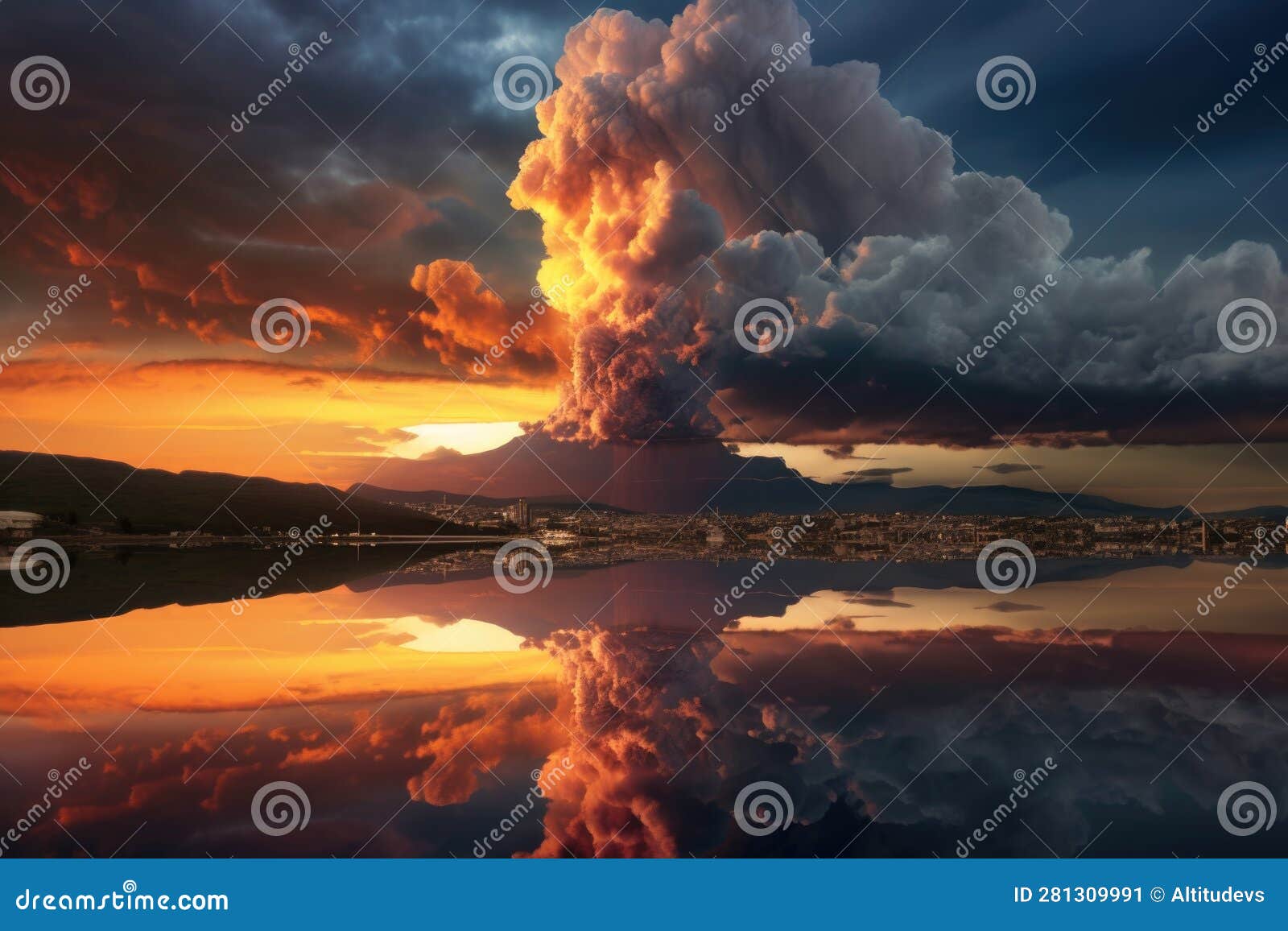 Volcanic Eruption with Ash Cloud Reflecting Sunset Stock Illustration Illustration of magma