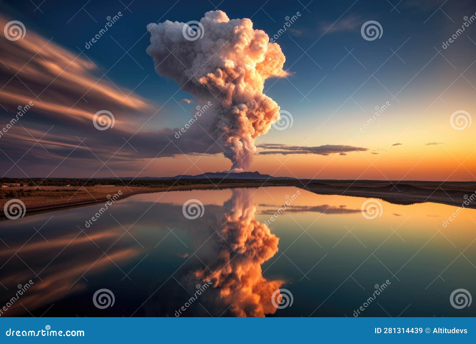 Volcanic Eruption with Ash Cloud Reflecting Sunset Stock Illustration Illustration of