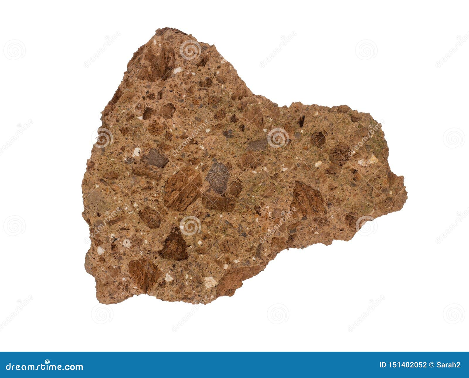 volcanic tuff rock sample,  on white background.